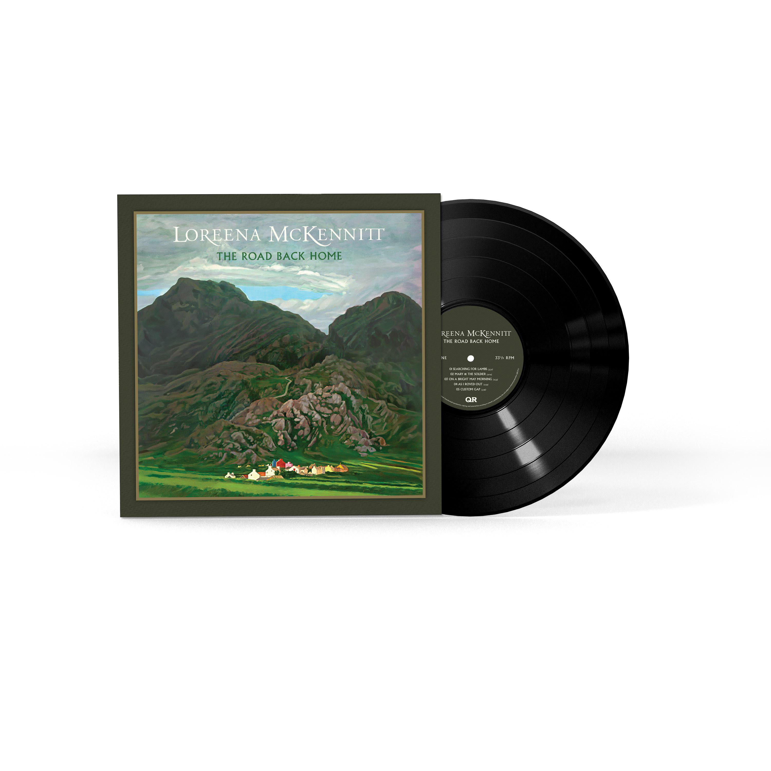 Vinyl Schallplatte mit Cover. Landschaftskunst mit Bergen und Häusern.