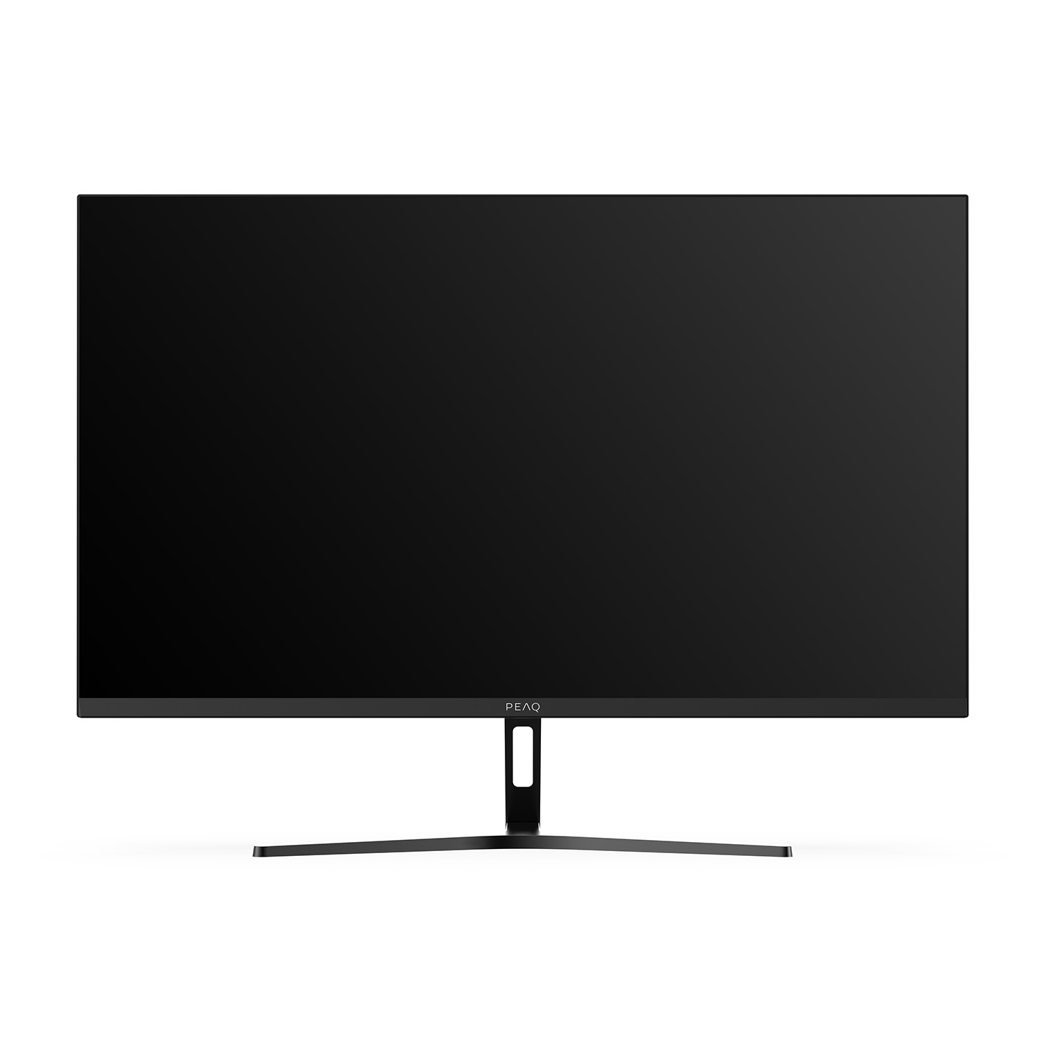 Un monitor di computer nero con un supporto sottile e un logo in basso.
