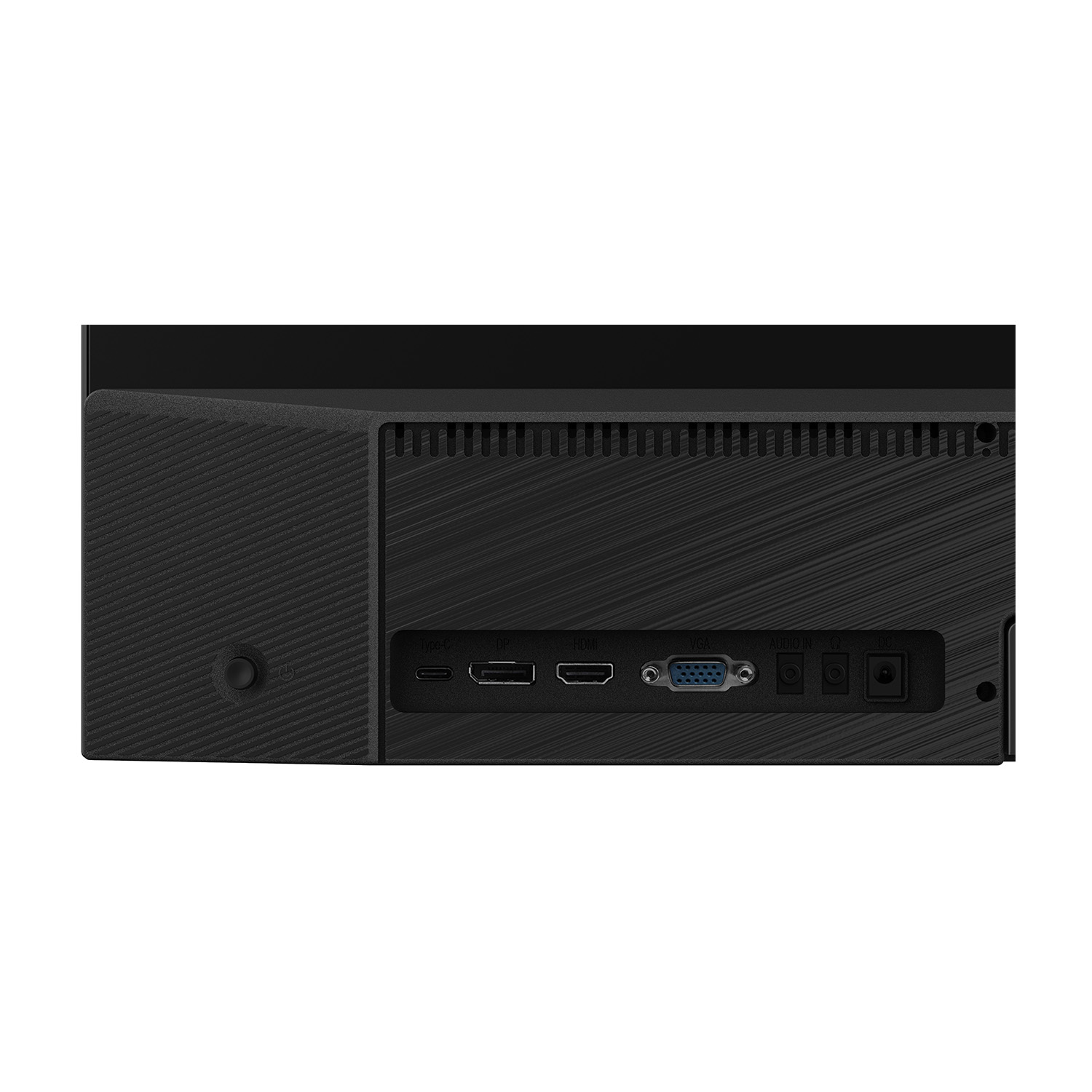 Parte posteriore di un monitor nero. Porte: USB-C, USB, HDMI, VGA, AUDIO, POWER.