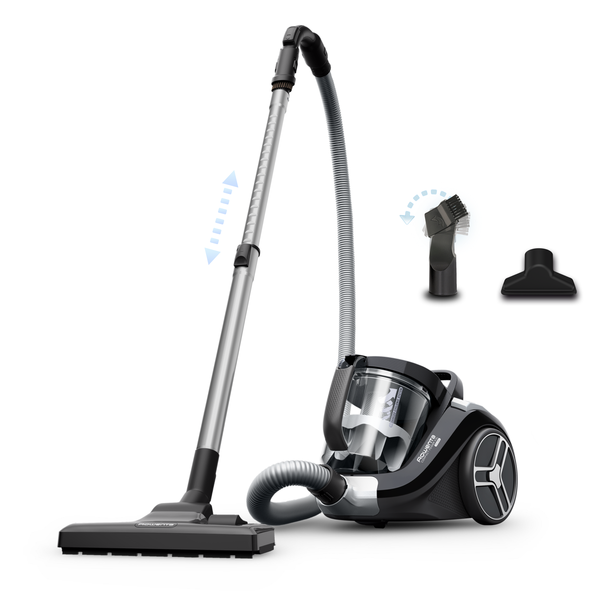 Aspiradora negra con tubo plateado ajustable y varios accesorios.