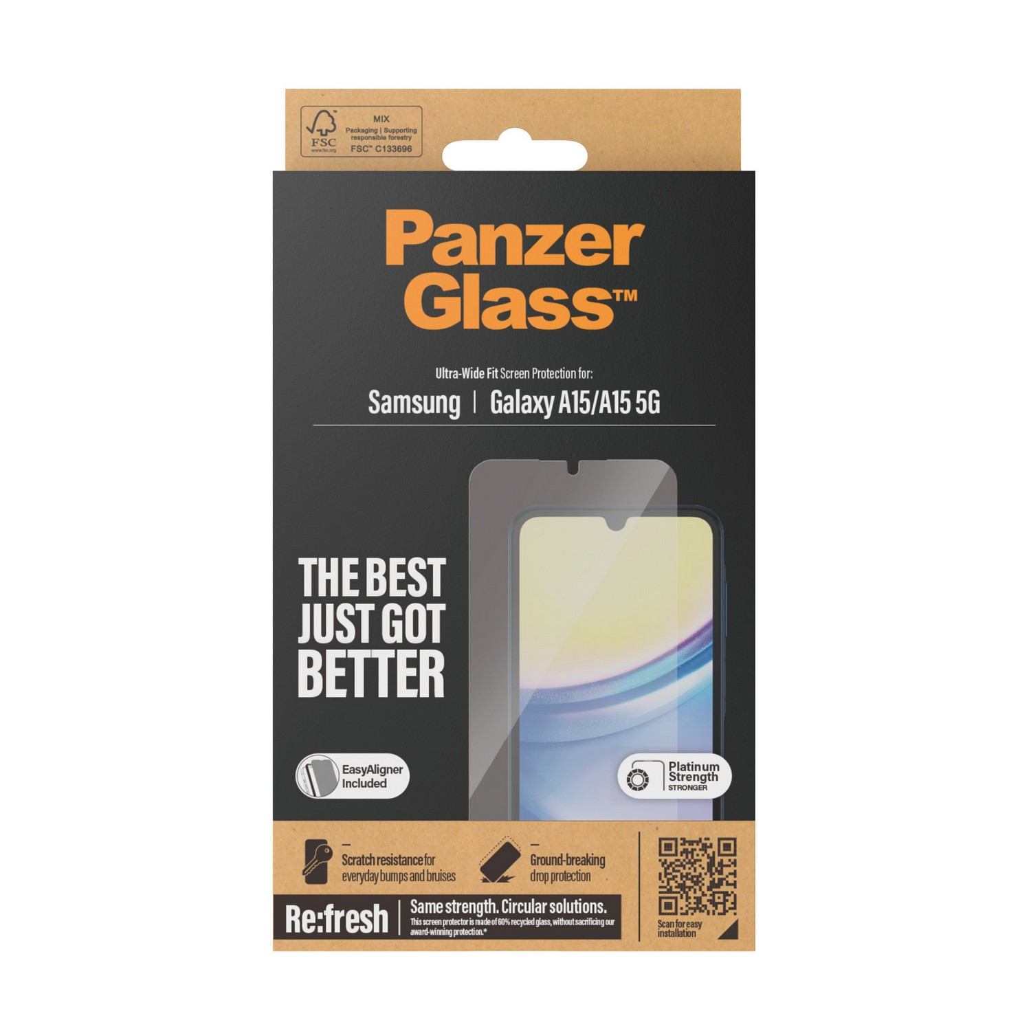 Boîte de protection d'écran PanzerGlass avec téléphone et caractéristiques.