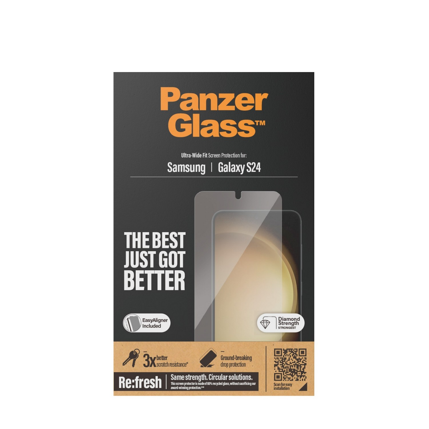 PanzerGlass schermbeschermer doos voor Samsung Galaxy S24. Inclusief beschermer en accessoires.