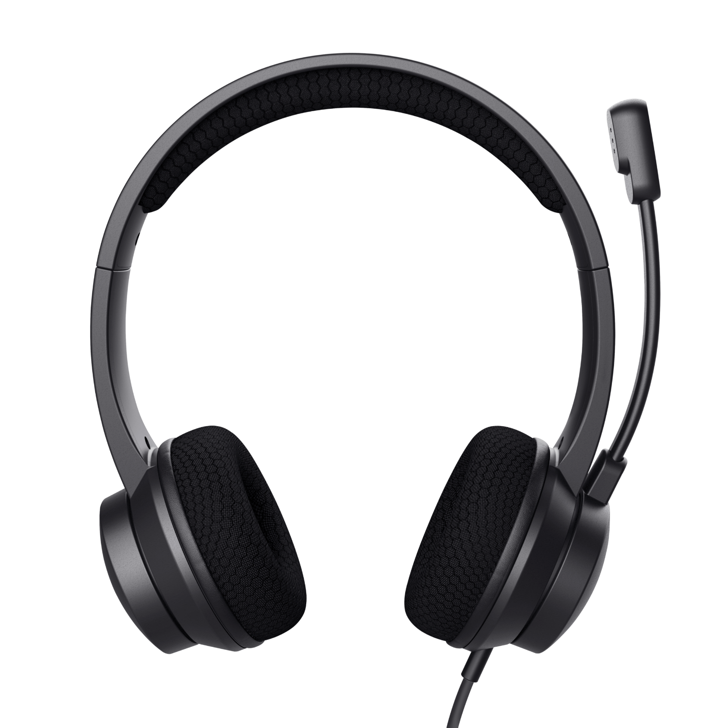 Black headphones with a microphone, featuring mesh ear cups.