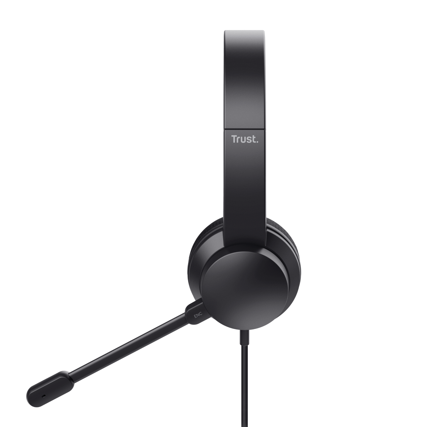 A black headset with a boom microphone and a Trust logo on the headband.