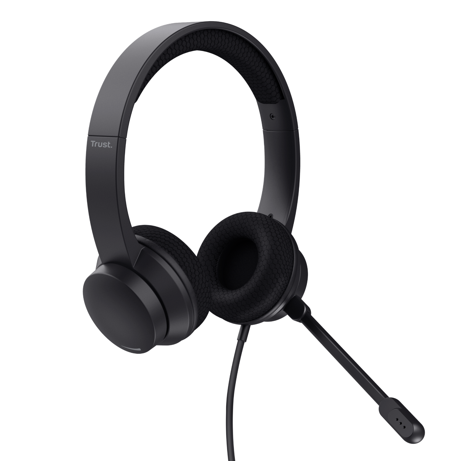 Black Trust headset with a microphone. The headset has an adjustable headband and soft earcups.