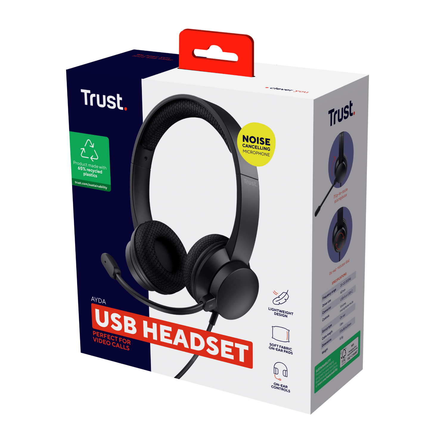 A USB headset box. The headset is black with a noise-cancelling microphone.