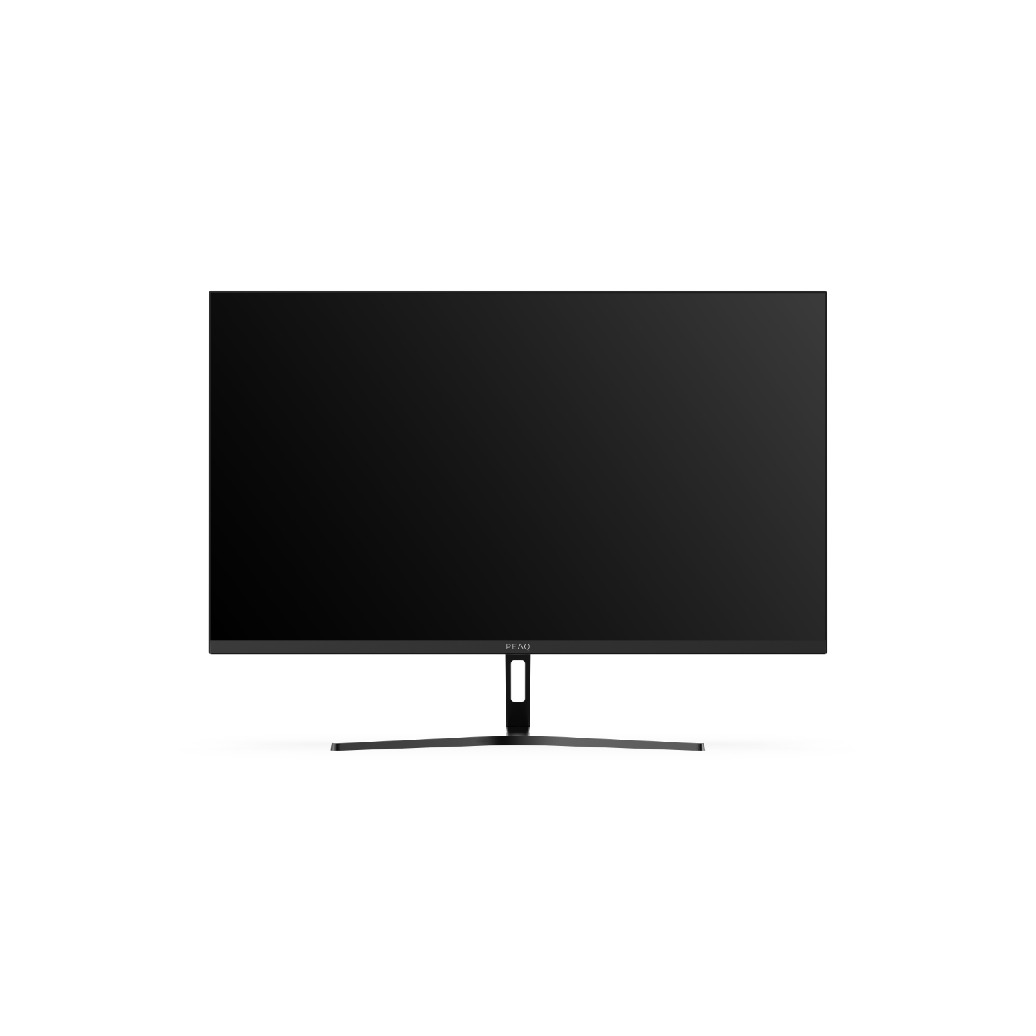 Zwarte computermonitor, flatscreen, witte achtergrond.