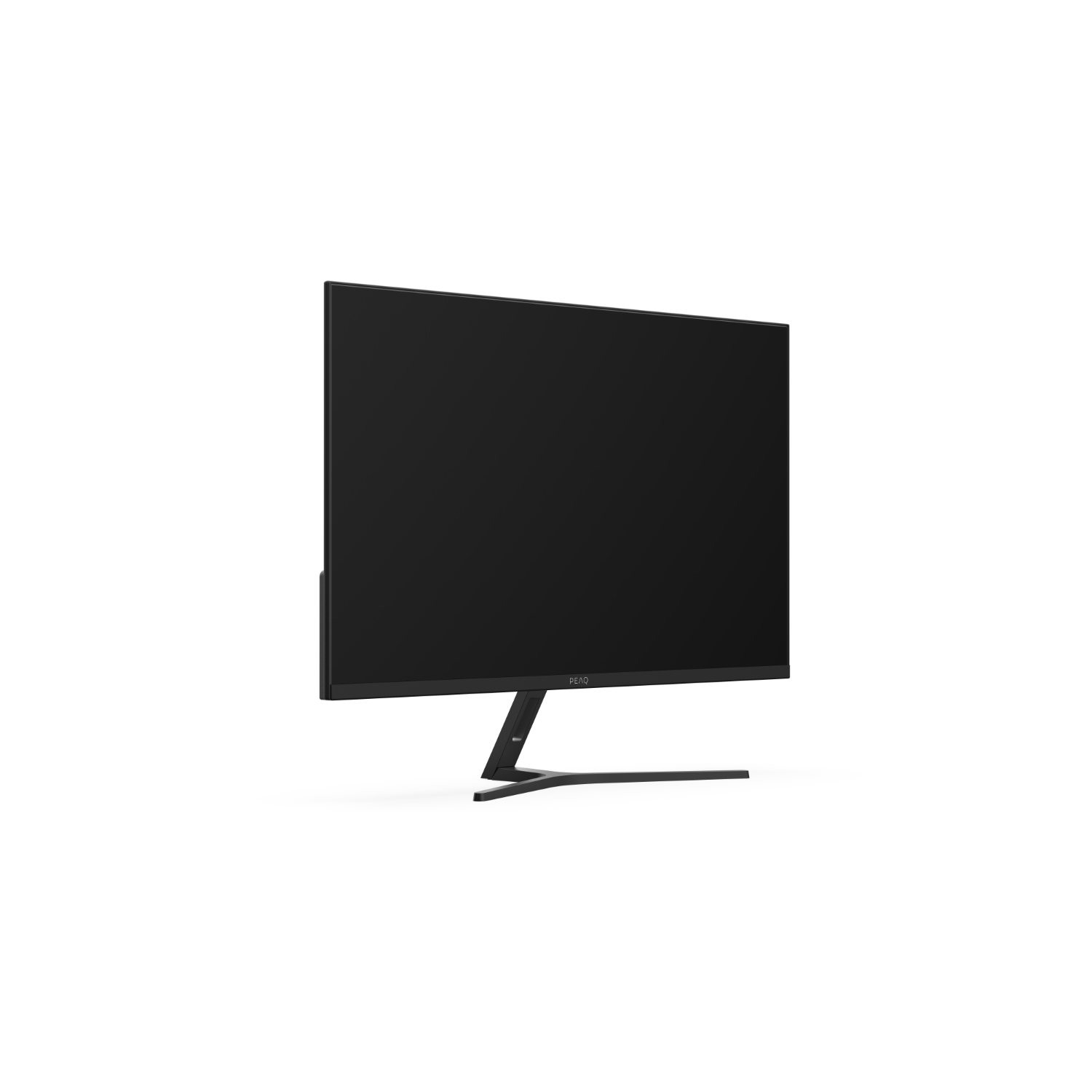 Zwarte monitor met zwarte standaard op witte achtergrond.
