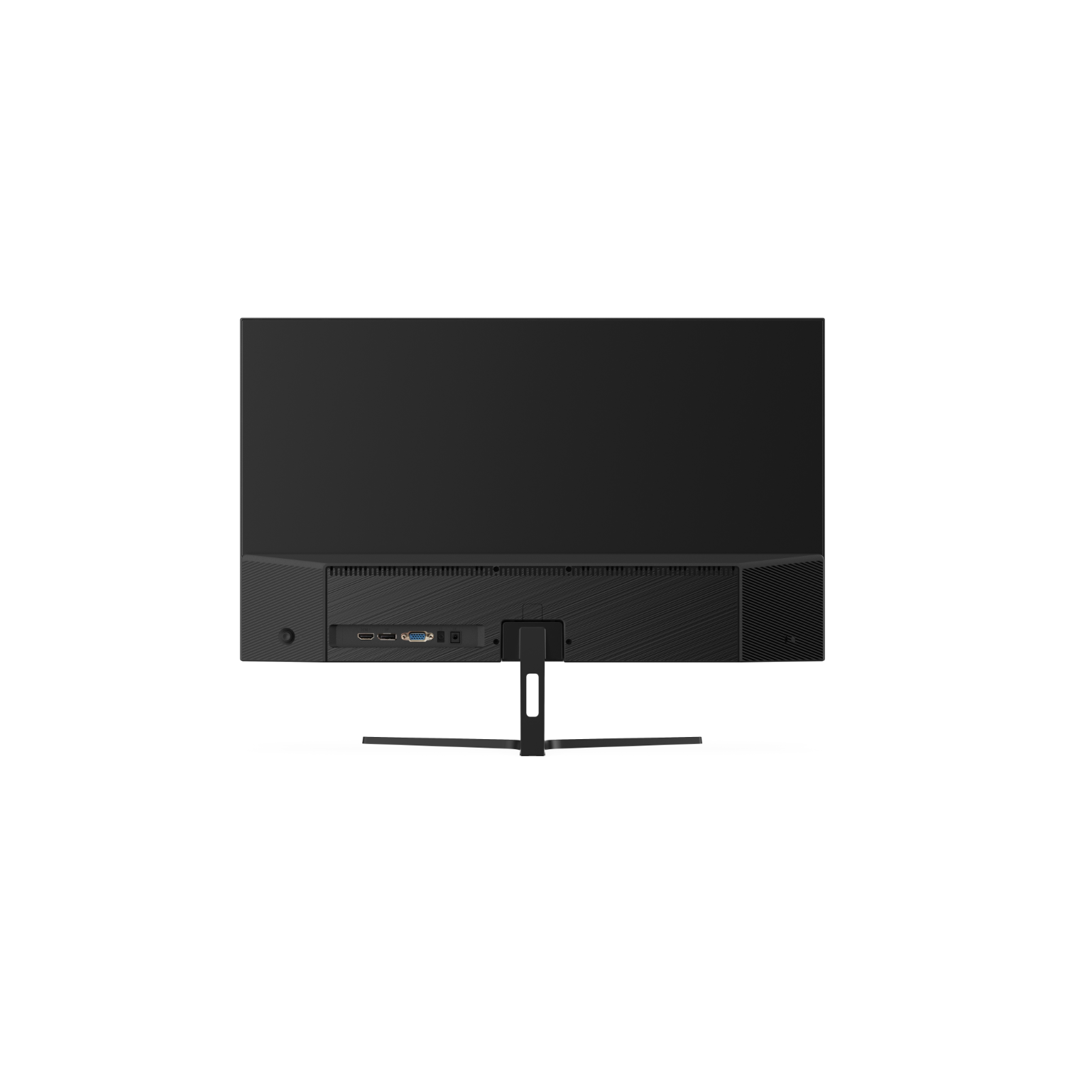 Achteraanzicht van een zwarte monitor met poorten en een standaard.