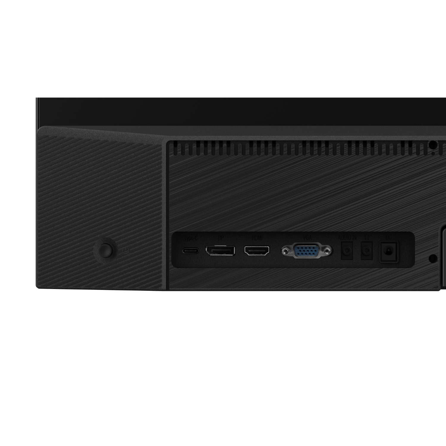 Achterkant van een monitor met aansluitpoorten. Poorten zijn onder meer DC-in, HDMI, VGA en andere.