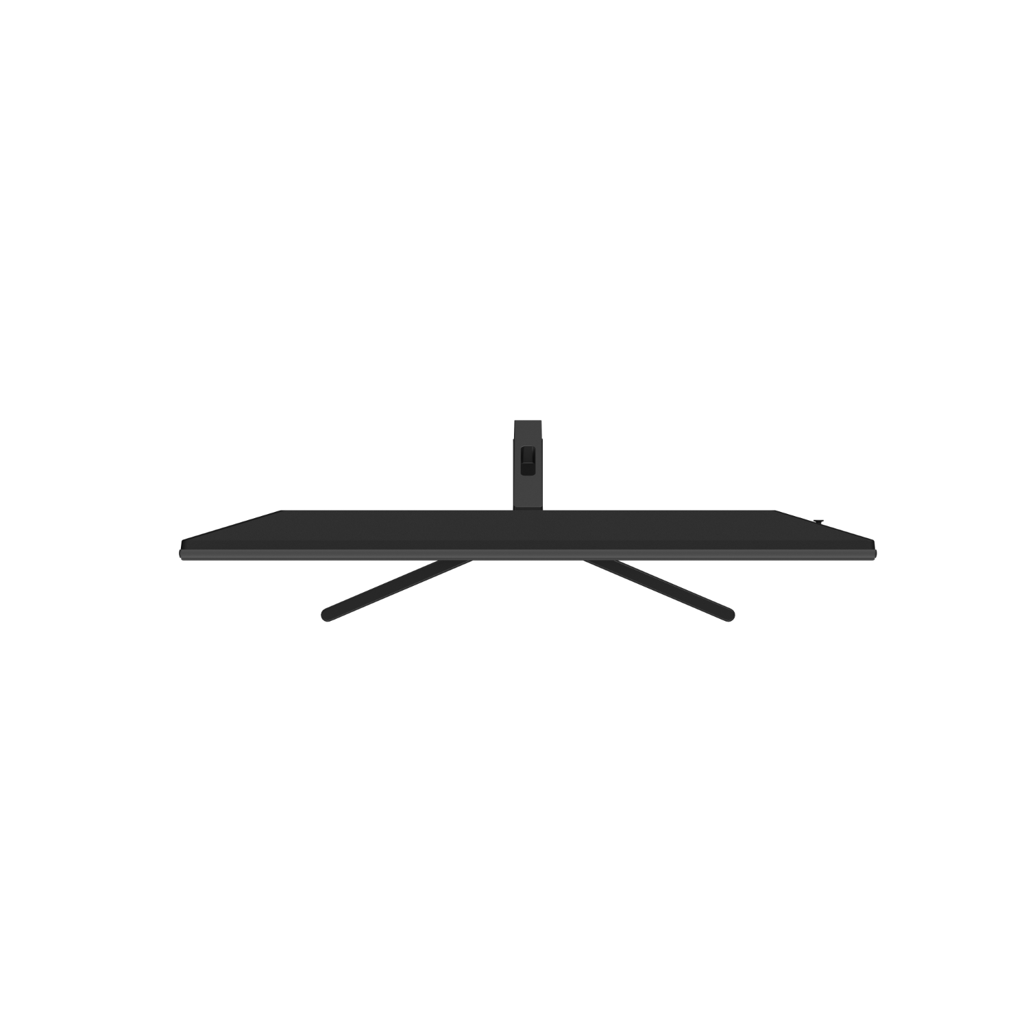 Zwarte computermonitor, bovenaanzicht, minimalistisch design, met standaard.