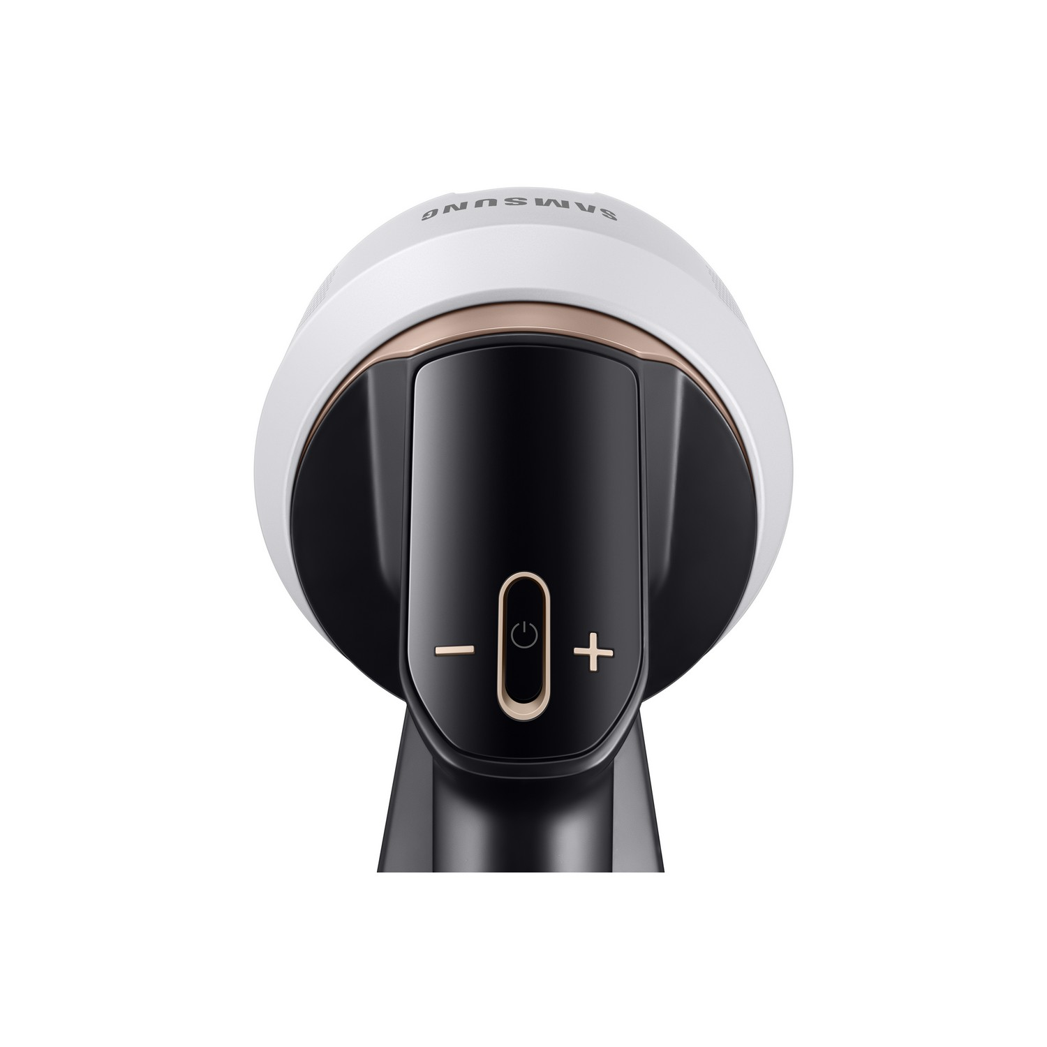Black and white device with buttons and a power switch,  with a gold accent. White background.