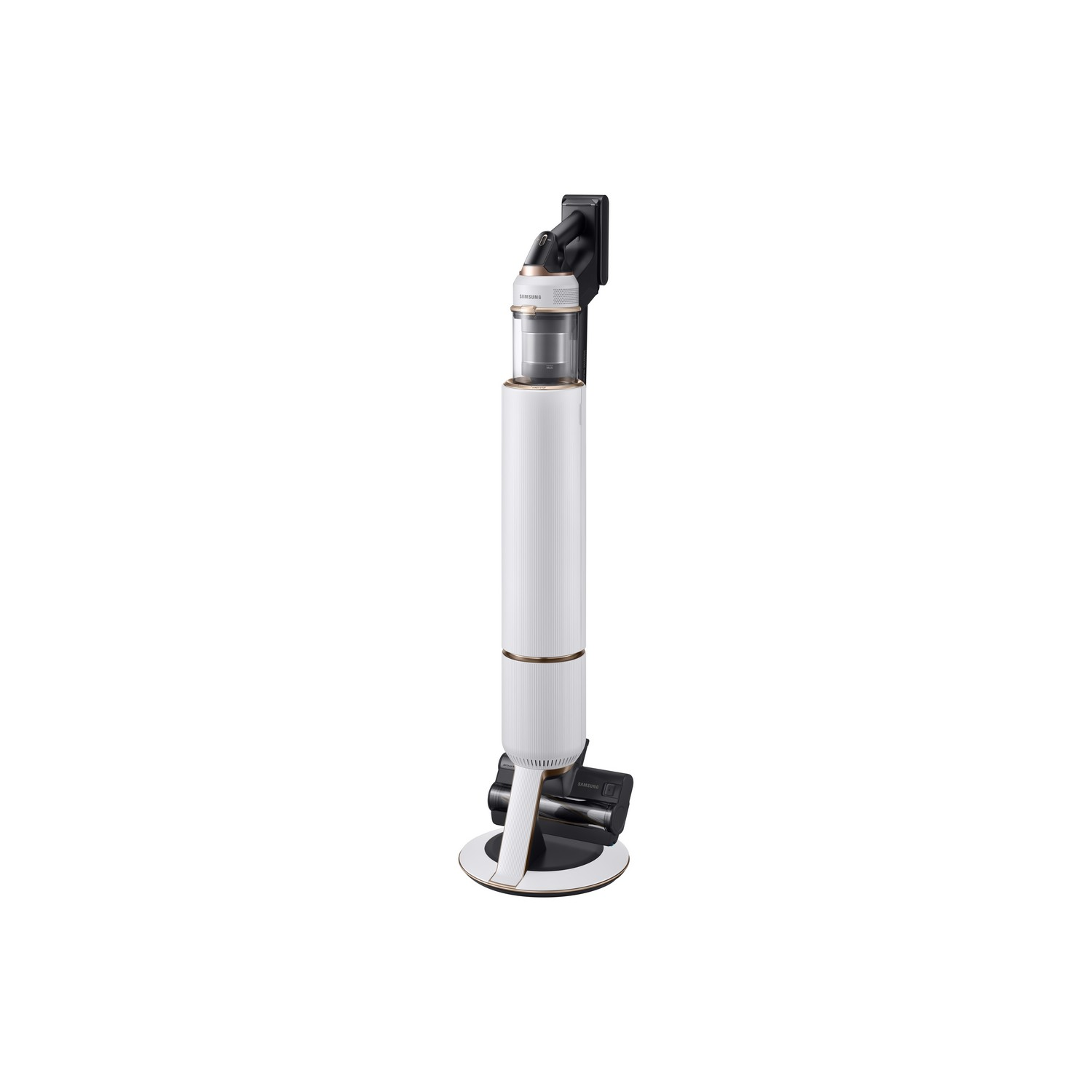 White and gold vacuum cleaner on a white base. It stands upright. Gold accents decorate the body.