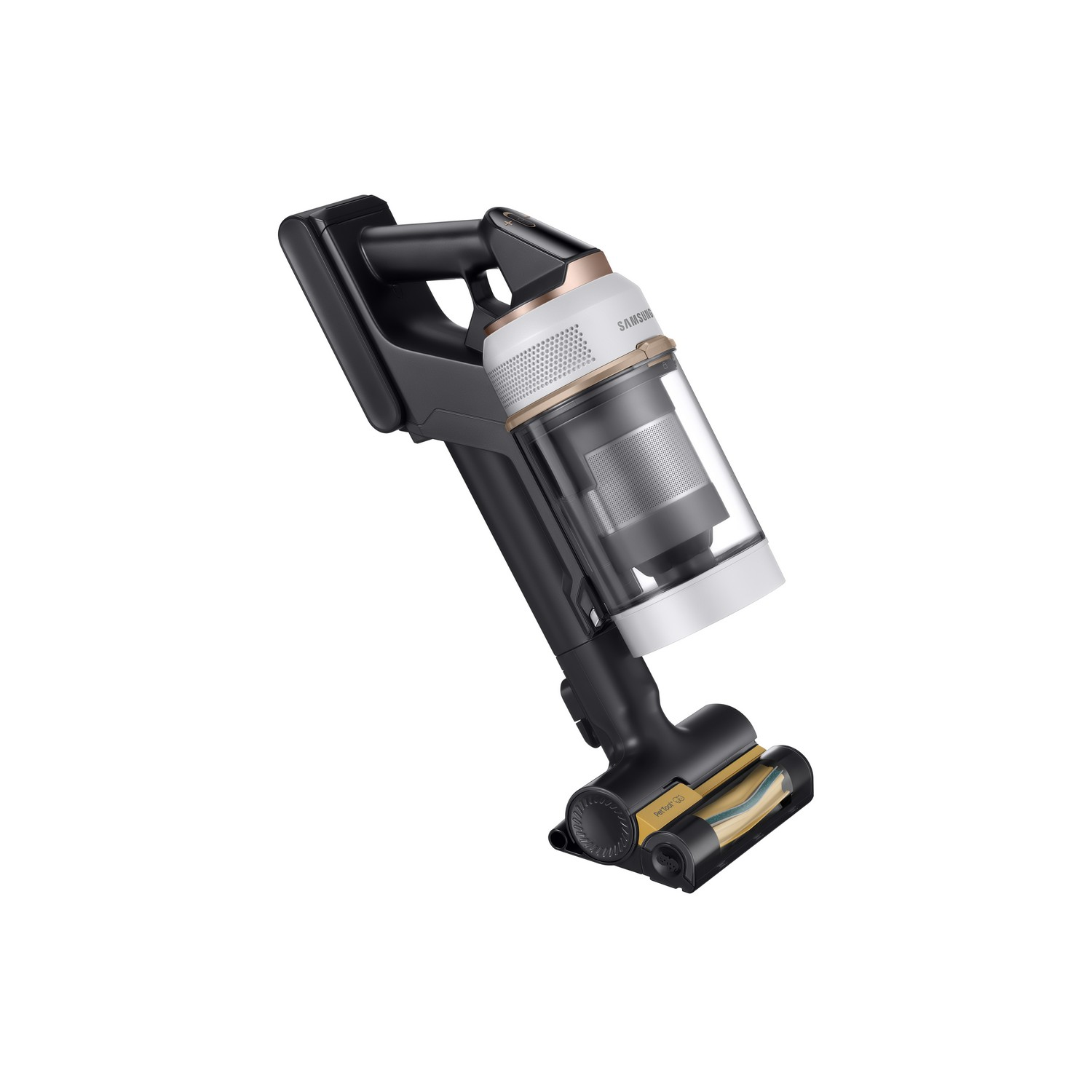 Black and white cordless vacuum cleaner with a transparent dustbin and gold accents.