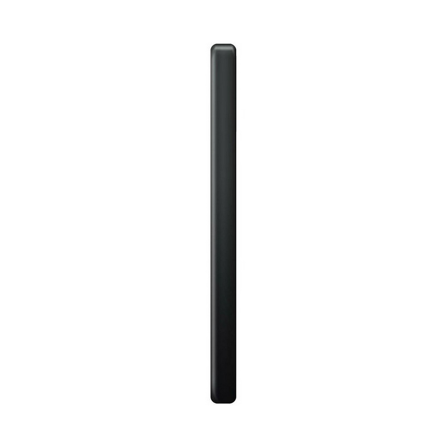 Een zwarte, rechthoekige powerbank op een witte achtergrond. Het is een slank ontwerp.