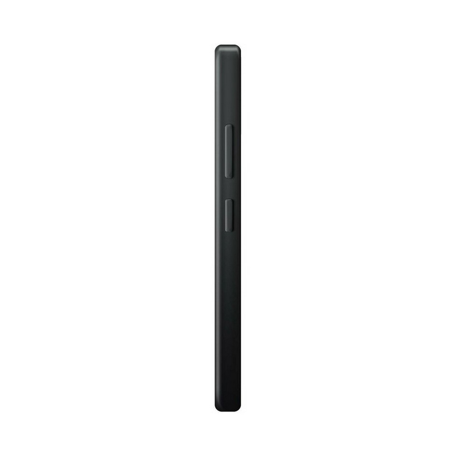 Zijaanzicht van een zwarte smartphone met volumeknoppen, witte achtergrond.