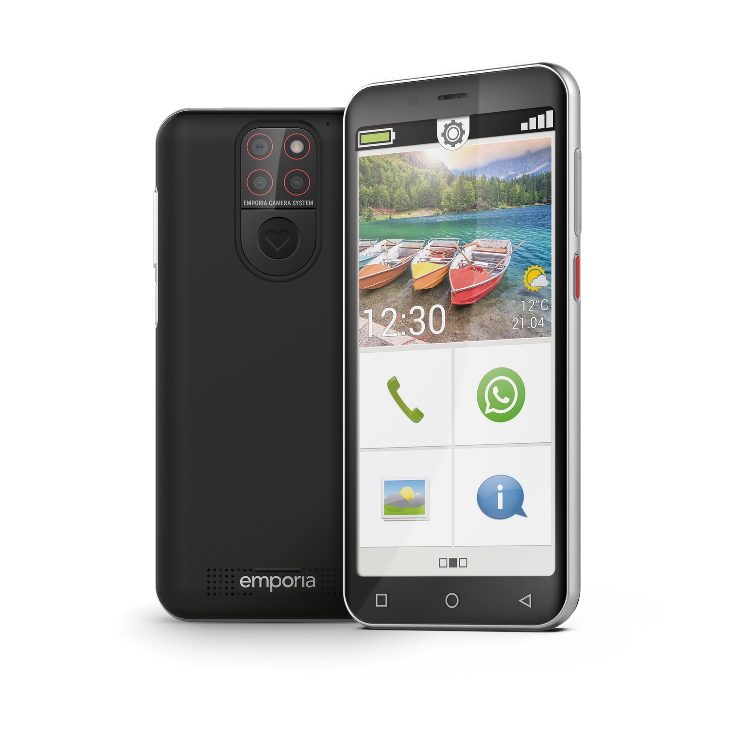 Black smartphone with two screens and three icons displayed.