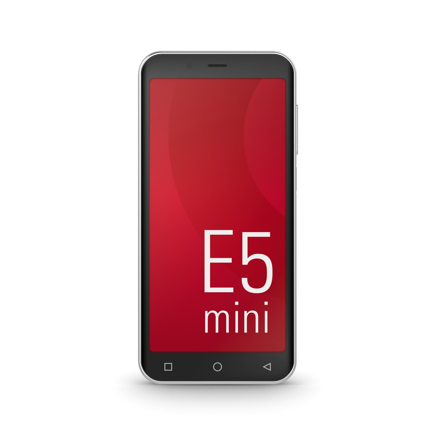 Black smartphone with a red screen displaying E5 mini.