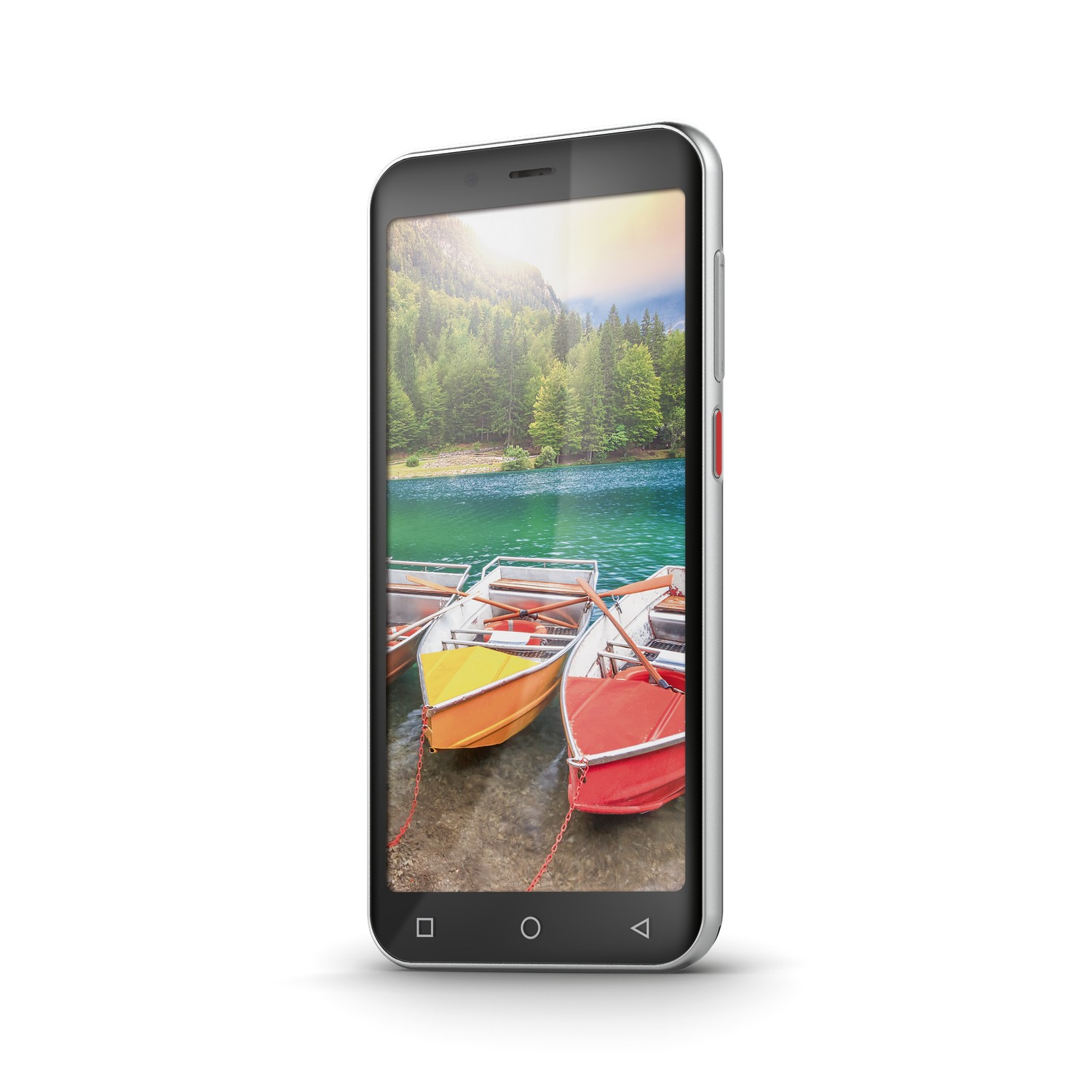 Smartphone showing boats on a lake with mountains. The phone is silver.