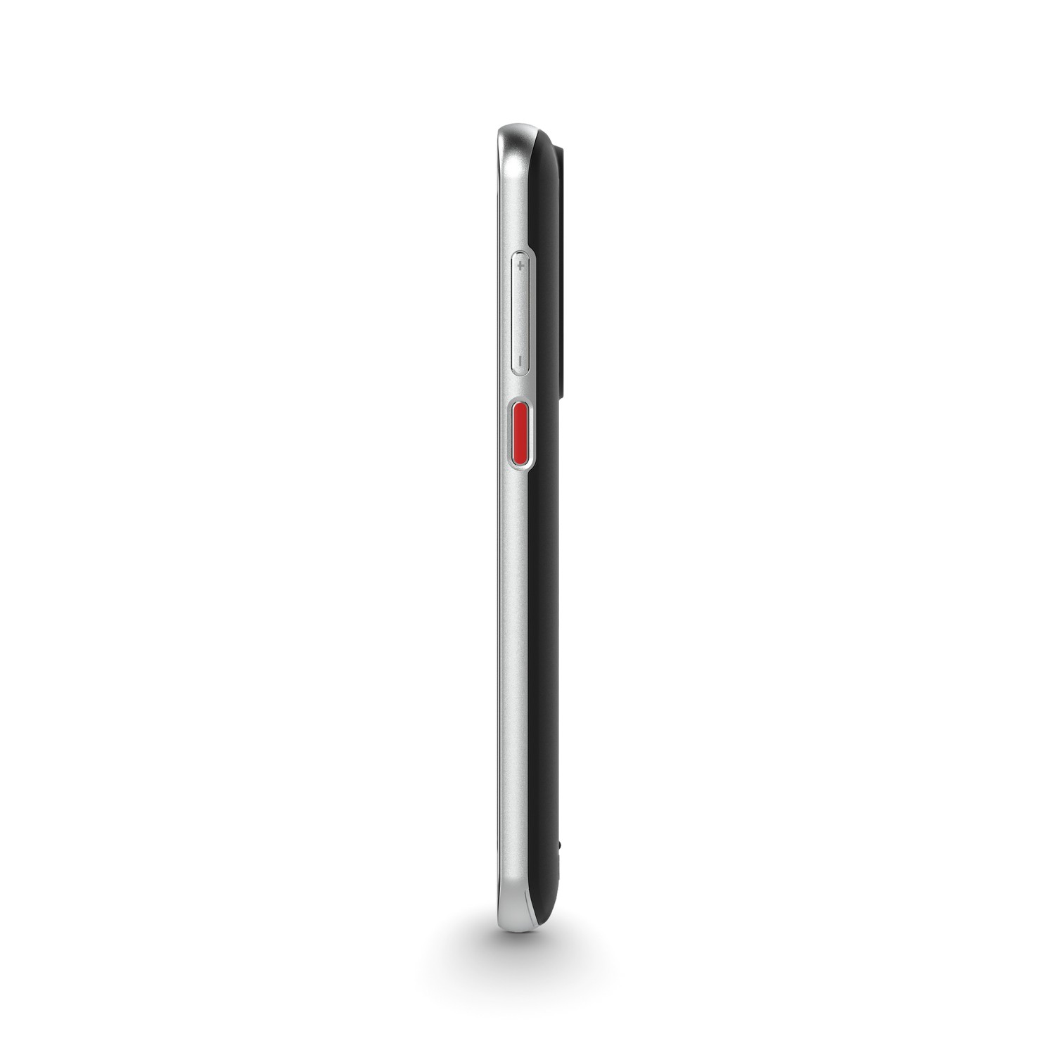 Side view of a black phone with silver trim and a red button.