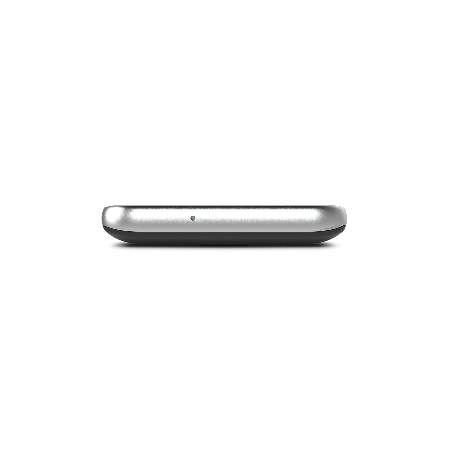 A side view of a silver device. It is rectangular with rounded edges and a small dot.