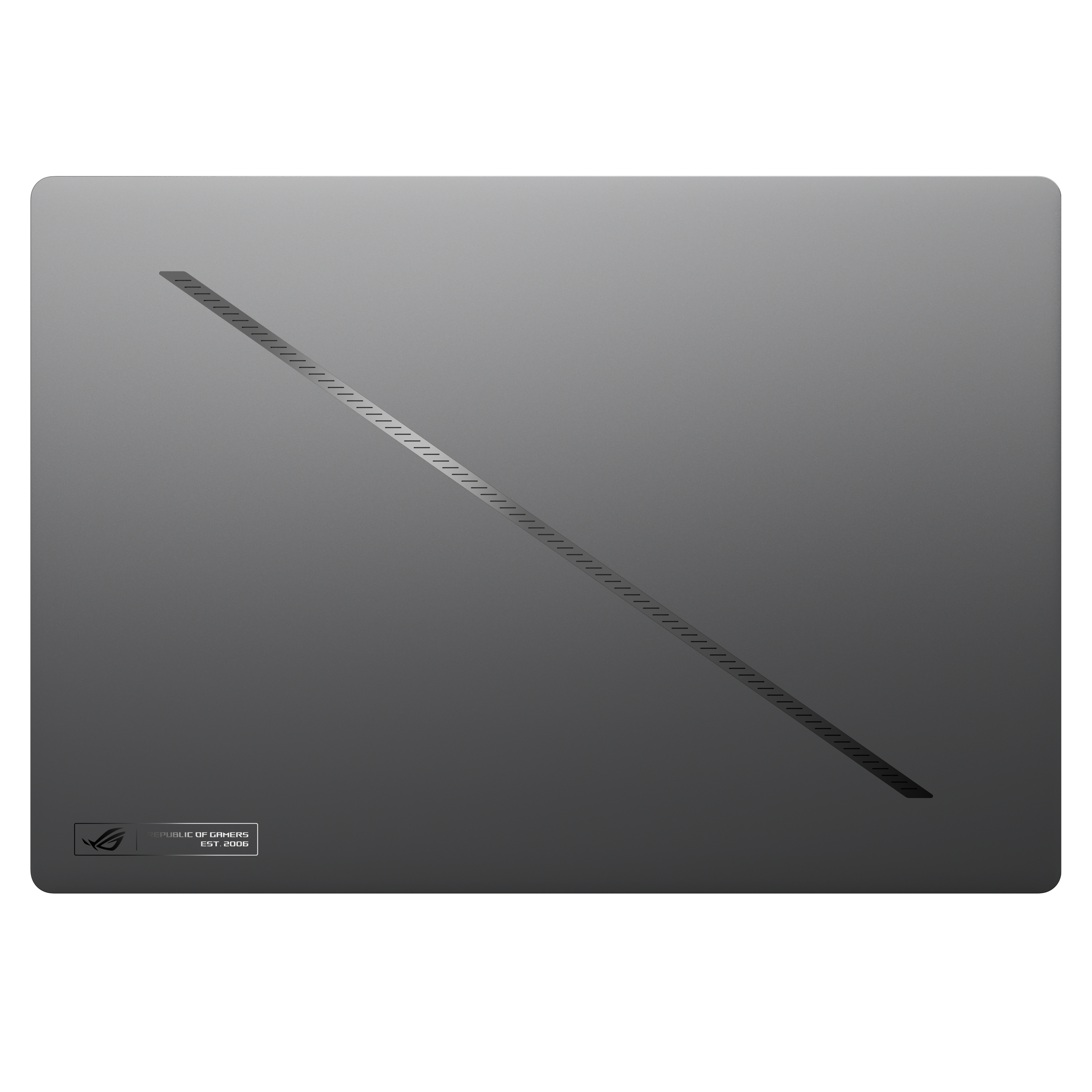 Die Rückseite eines Laptops mit diagonalem Design.