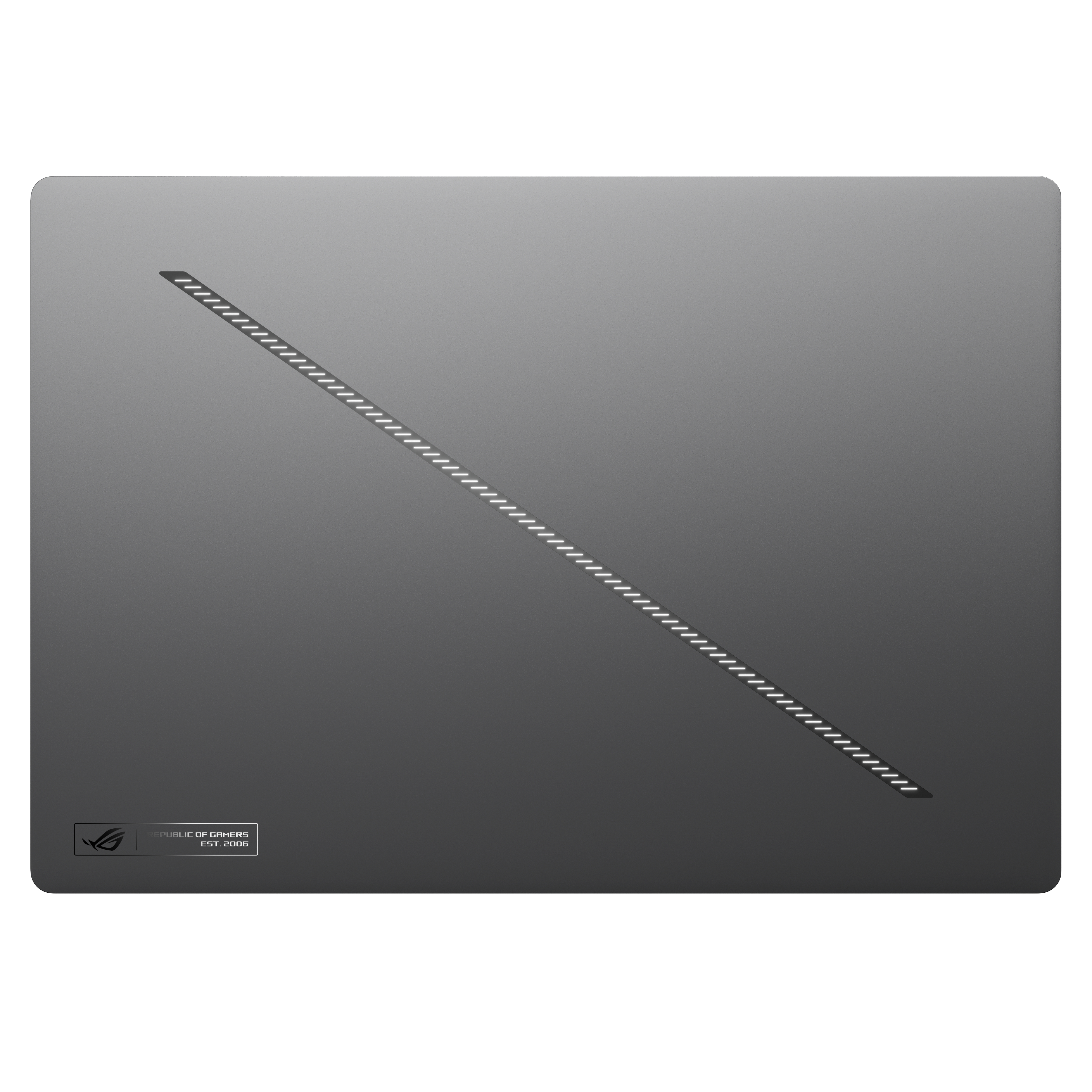 Die Rückseite eines grauen Laptops mit diagonalem Muster und einem Logo in der unteren linken Ecke.