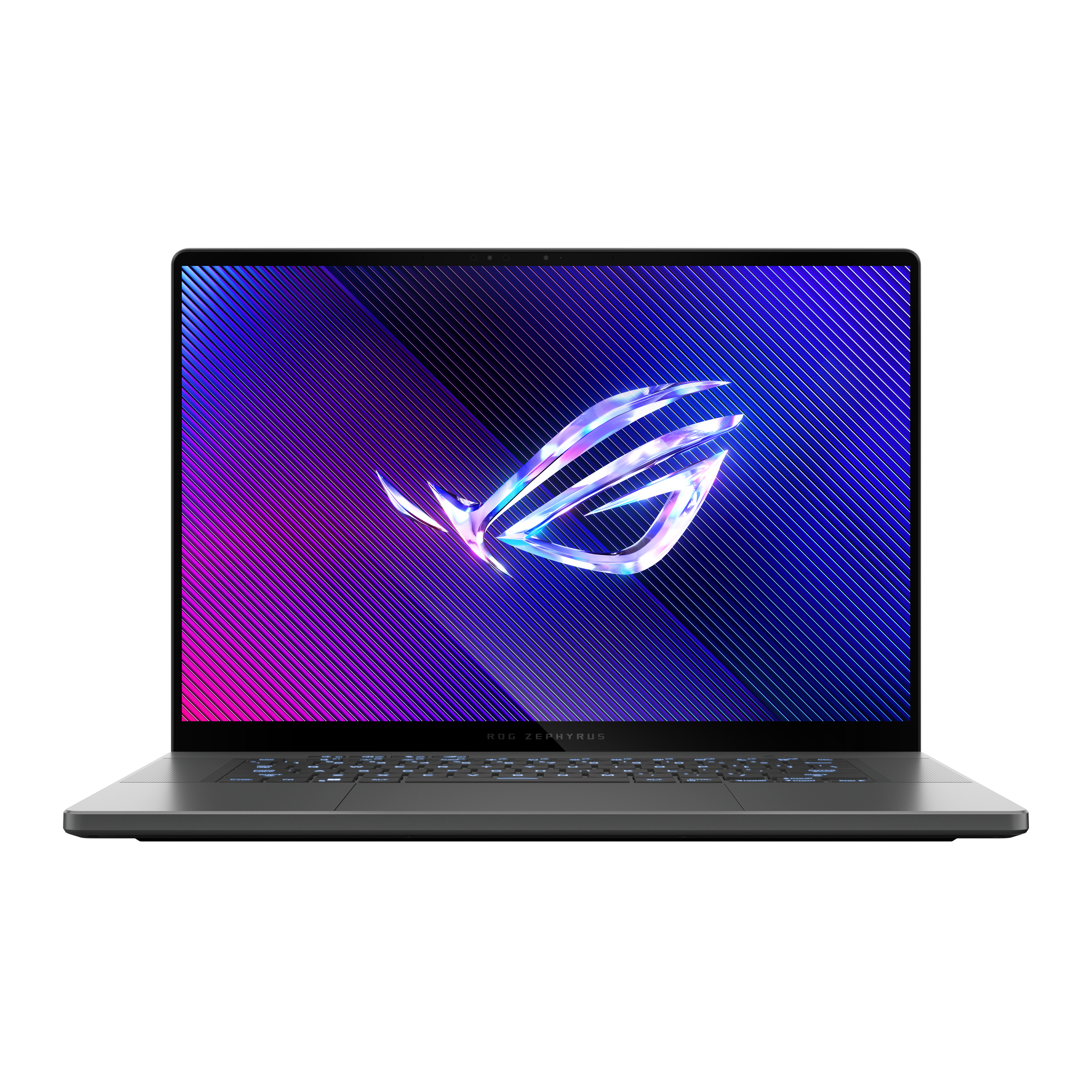 Laptop mit ROG Zephyrus Logo auf dem Bildschirm. Weißer Hintergrund.