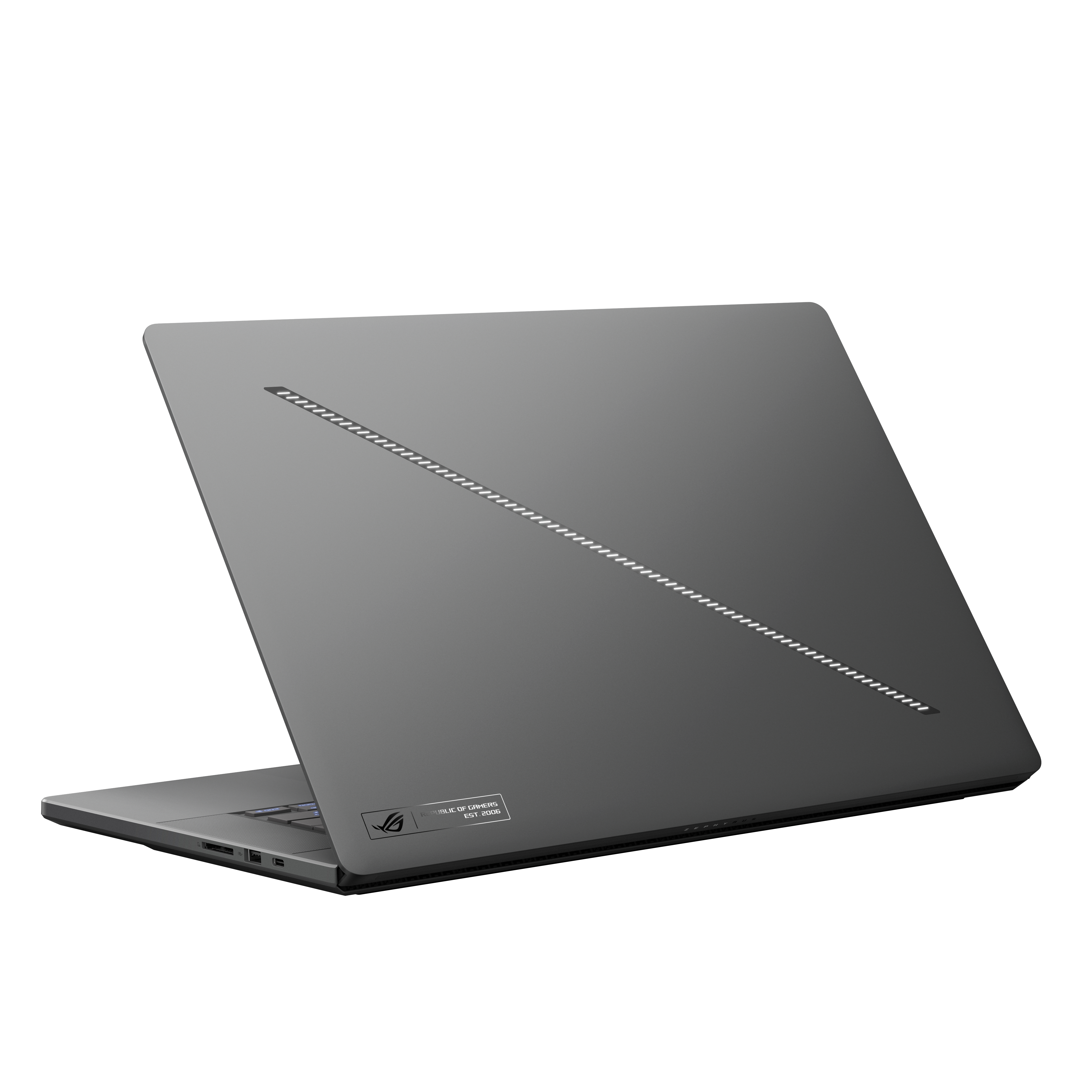 Dunkelgraue Laptop-Rückseite. Diagonale Lichtlinie. ROG-Logo und Text unten.