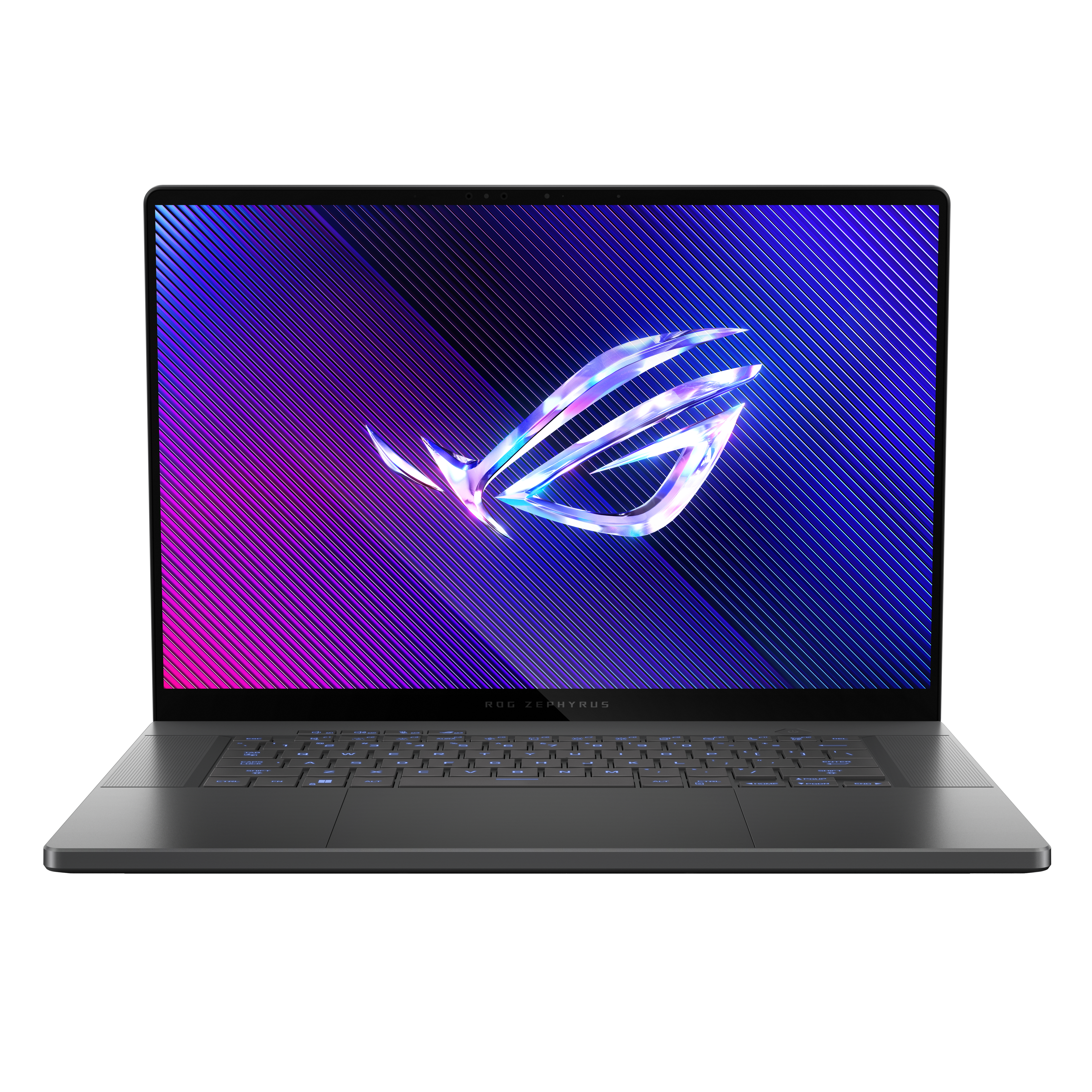 Dunkelgrauer Laptop mit hellem Bildschirm, der ein Logo zeigt.