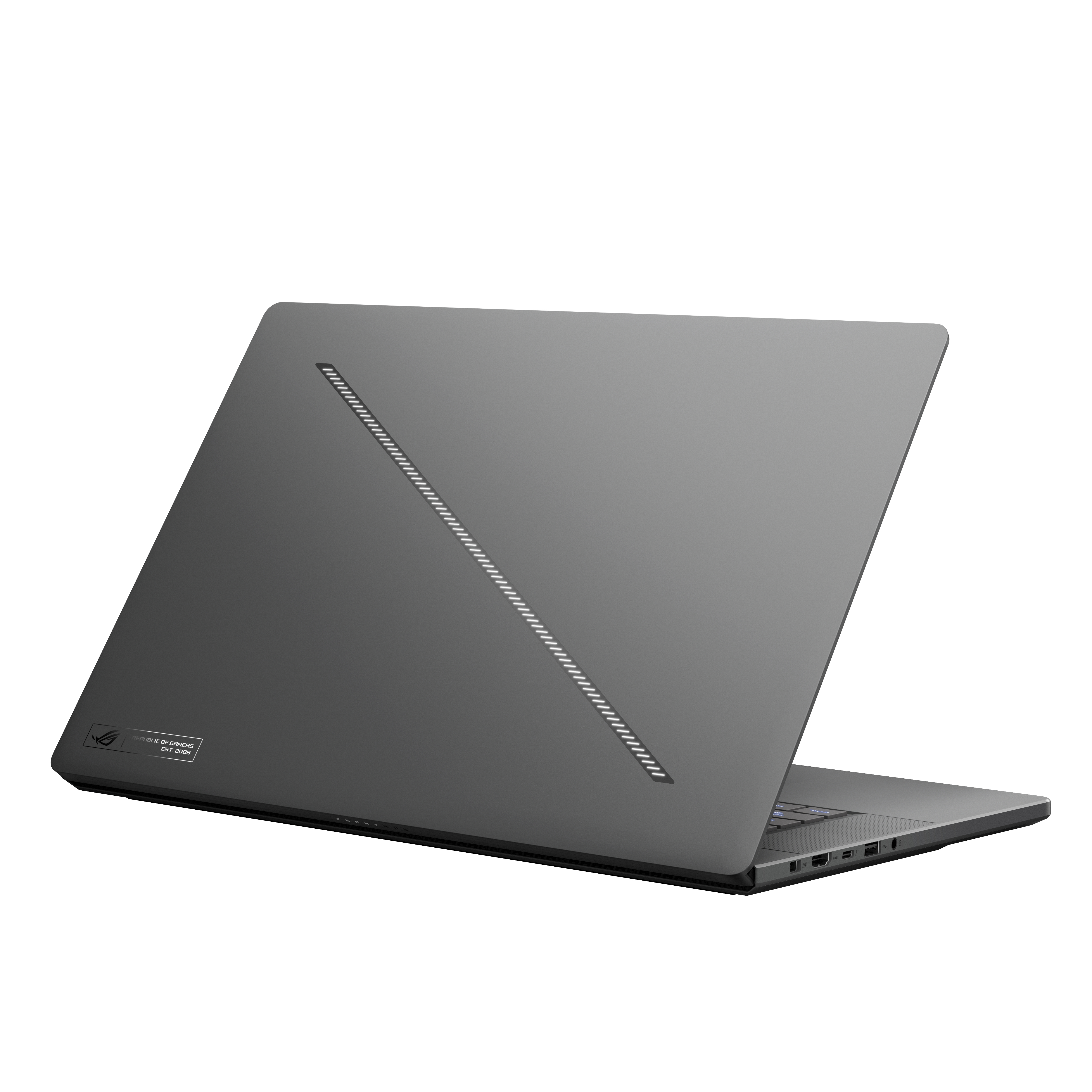 Graue Laptop-Rückansicht. Eine Linie verläuft durch die Mitte. Logo in der Ecke.