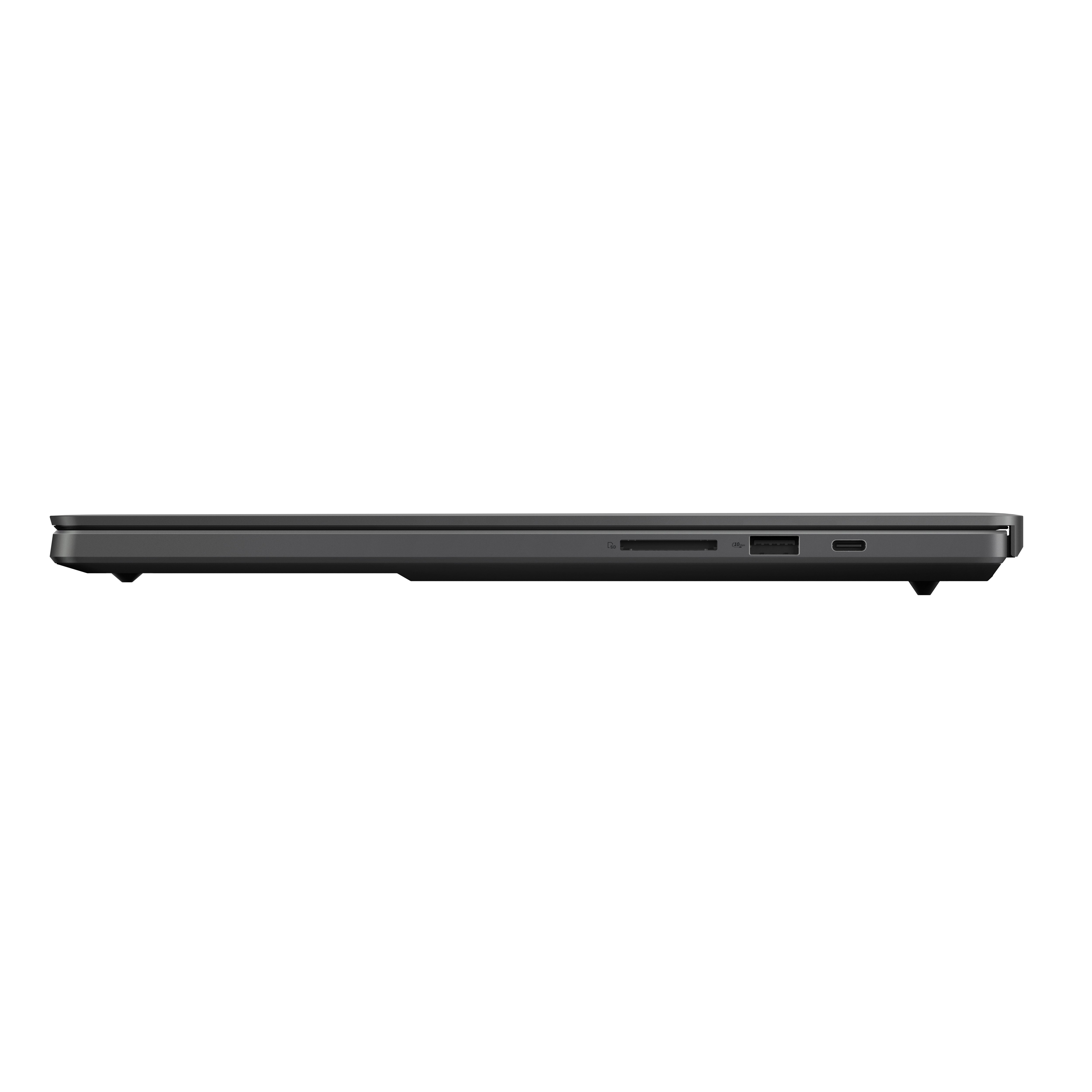 Seitenansicht eines schwarzen Laptops mit Anschlüssen und einem kleinen silbernen SD-Kartensteckplatz.