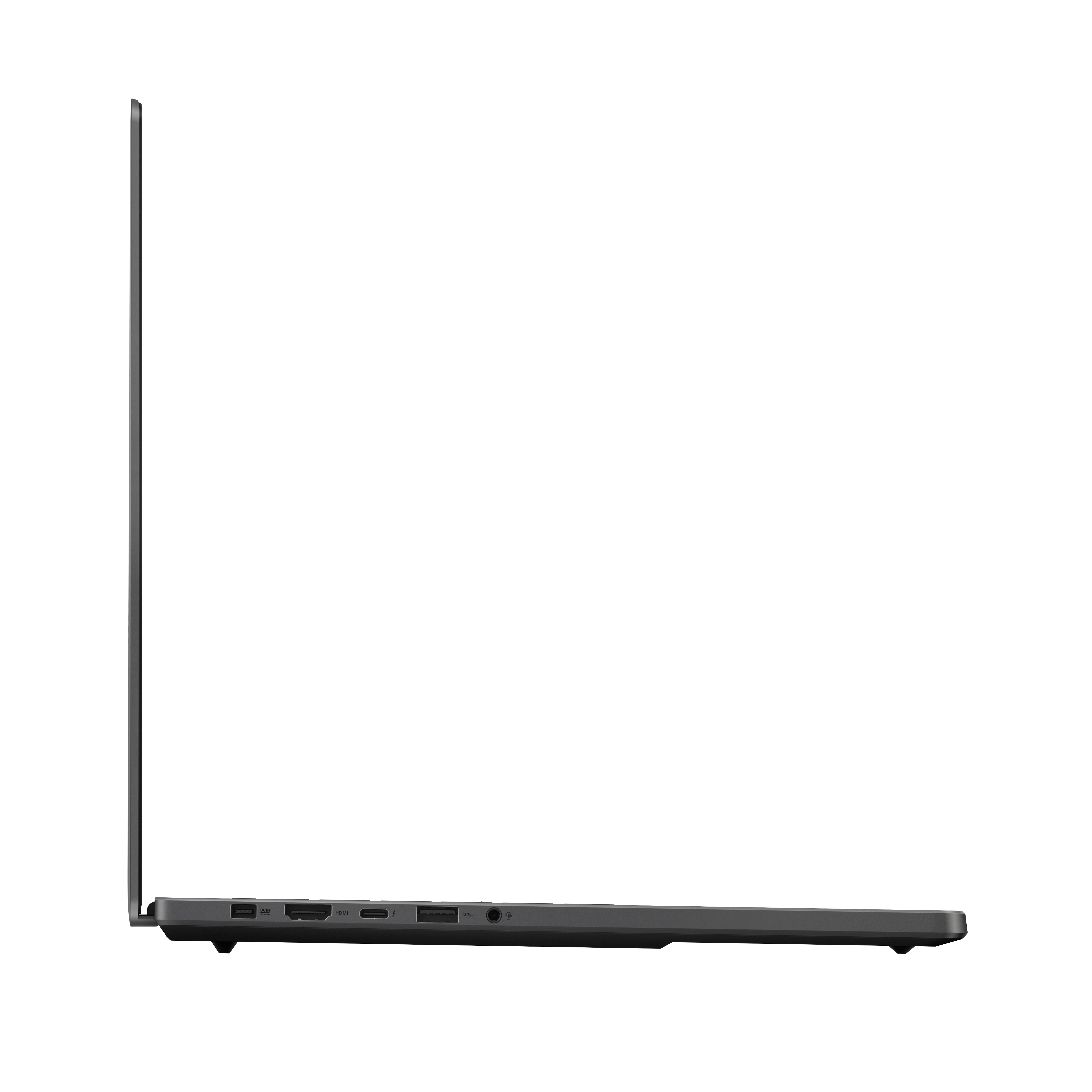 Seitenansicht eines schwarzen Laptops auf weißem Hintergrund.