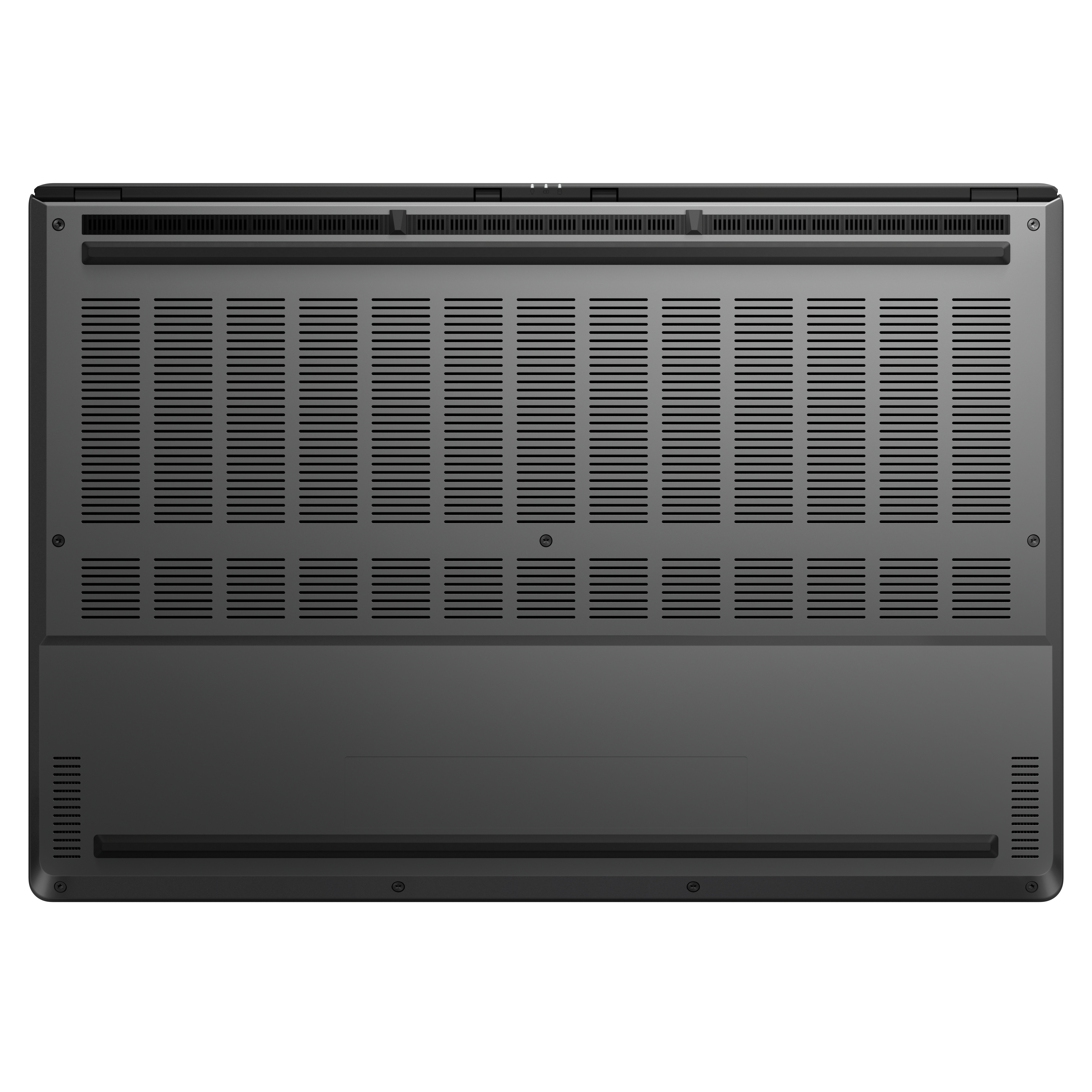 Laptop-Unteransicht mit Lüftungsschlitzen und einem großen grauen Panel. Schwarze Farbe.
