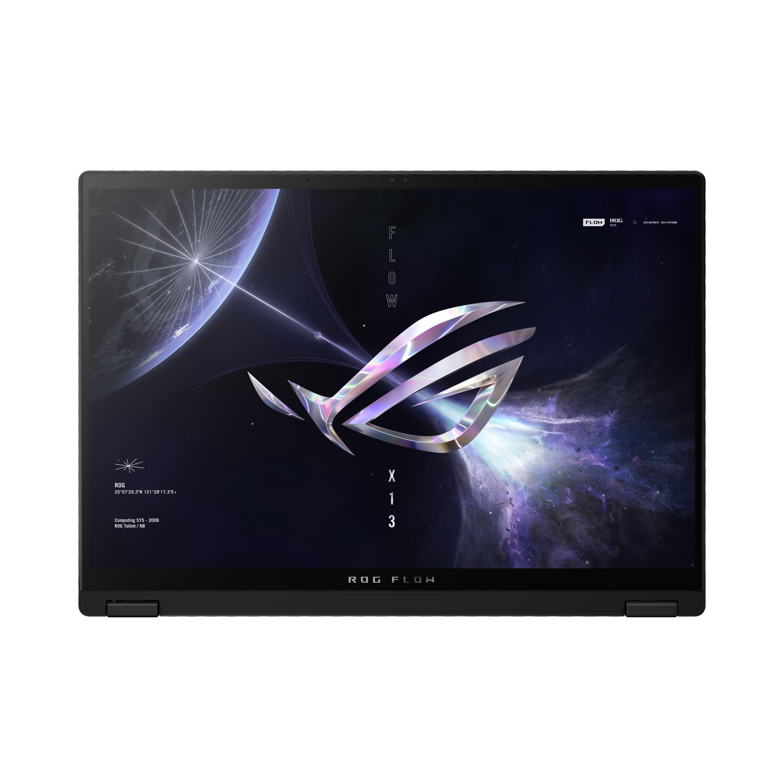Ein schwarzer Laptop mit einem Weltraum-Themen-Bildschirm. Das ROG Flow-Logo ist prominent. Weißer Hintergrund.