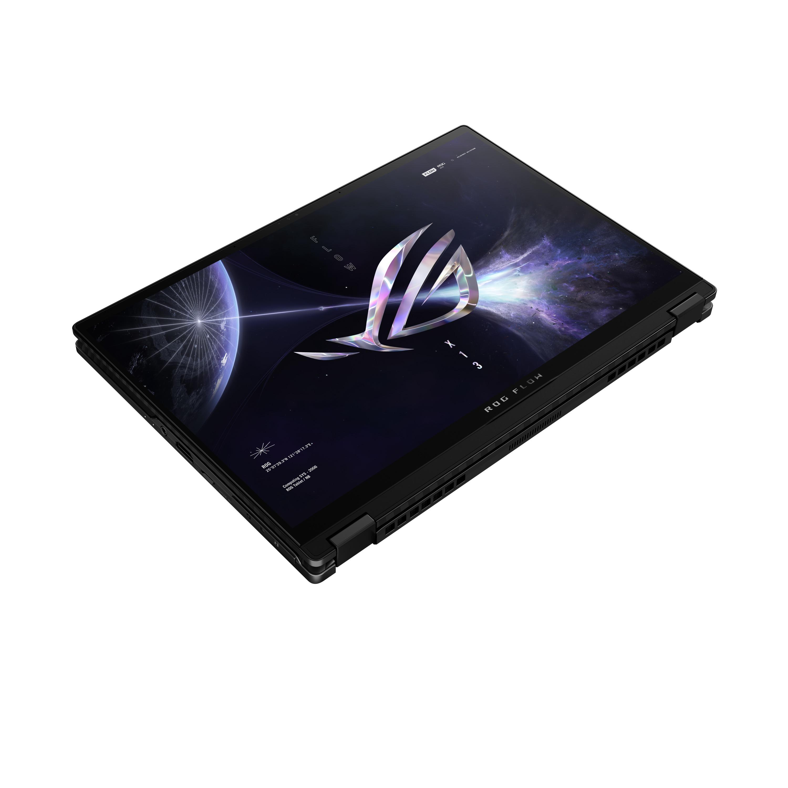 Schwarzer Laptop mit Logo auf dem Bildschirm und geschlossenem Deckel.