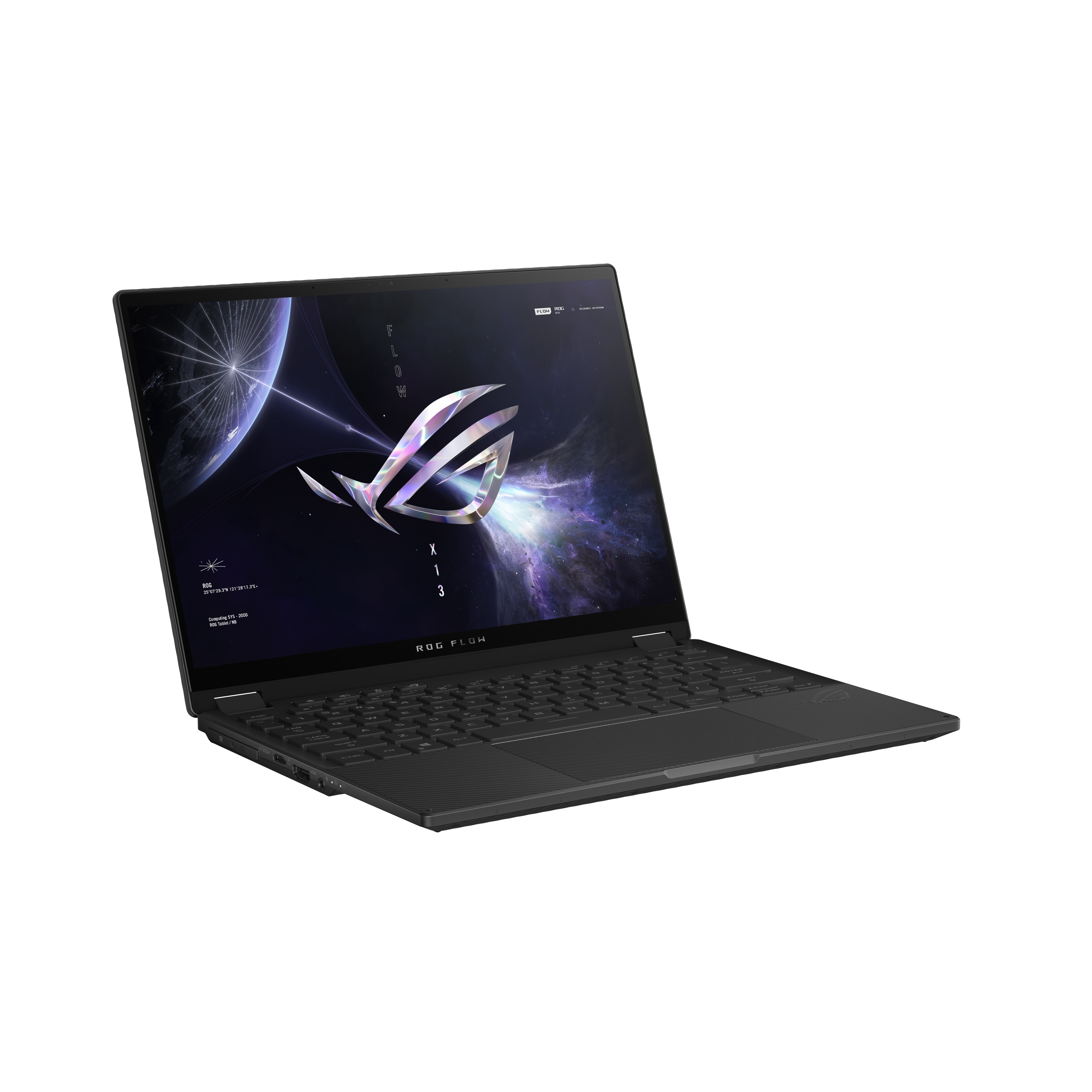 Schwarzer Laptop mit geöffnetem Bildschirm, der eine Weltraumszene zeigt.