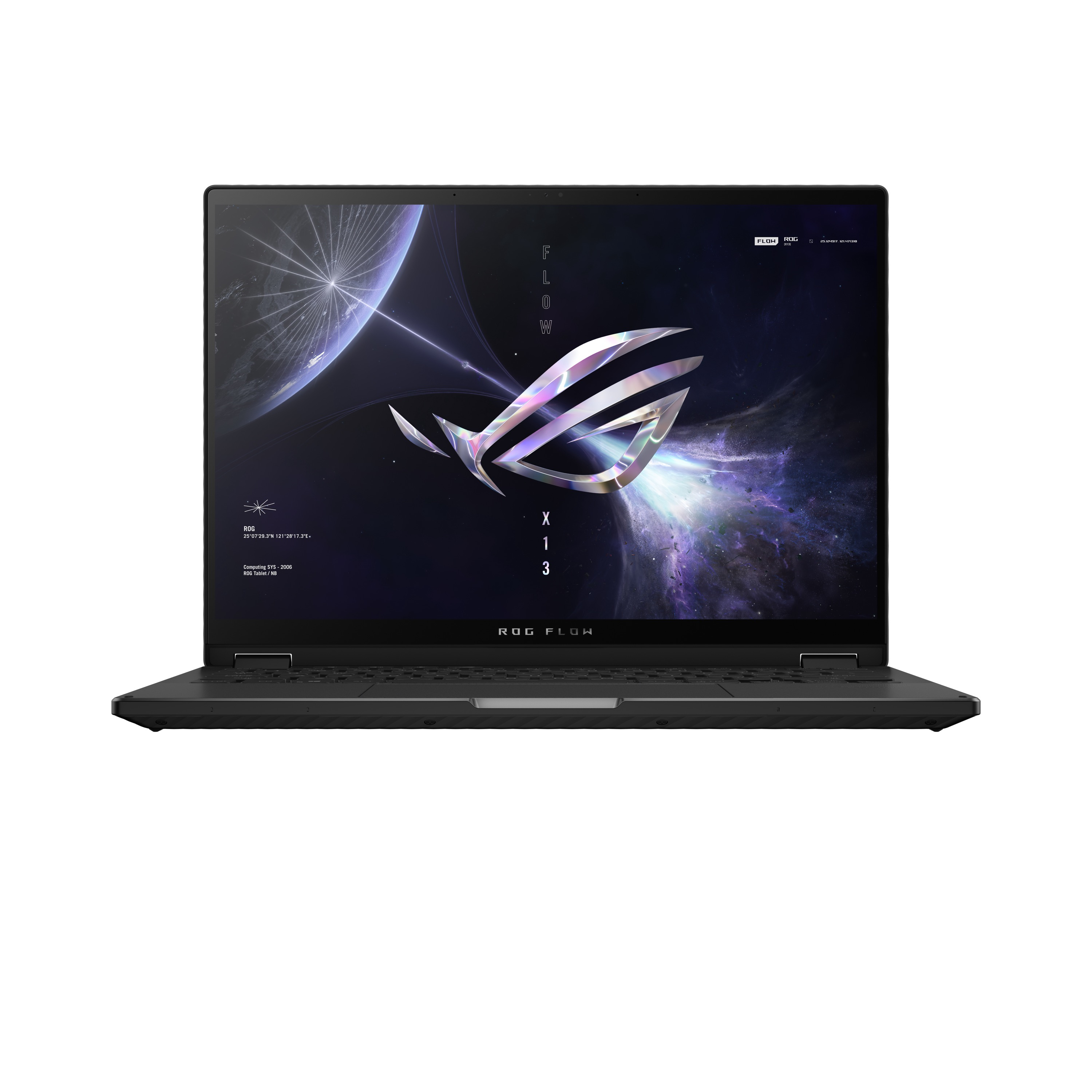 Ein schwarzer Laptop mit einem Bildschirm, der ein Logo zeigt, weißer Hintergrund.