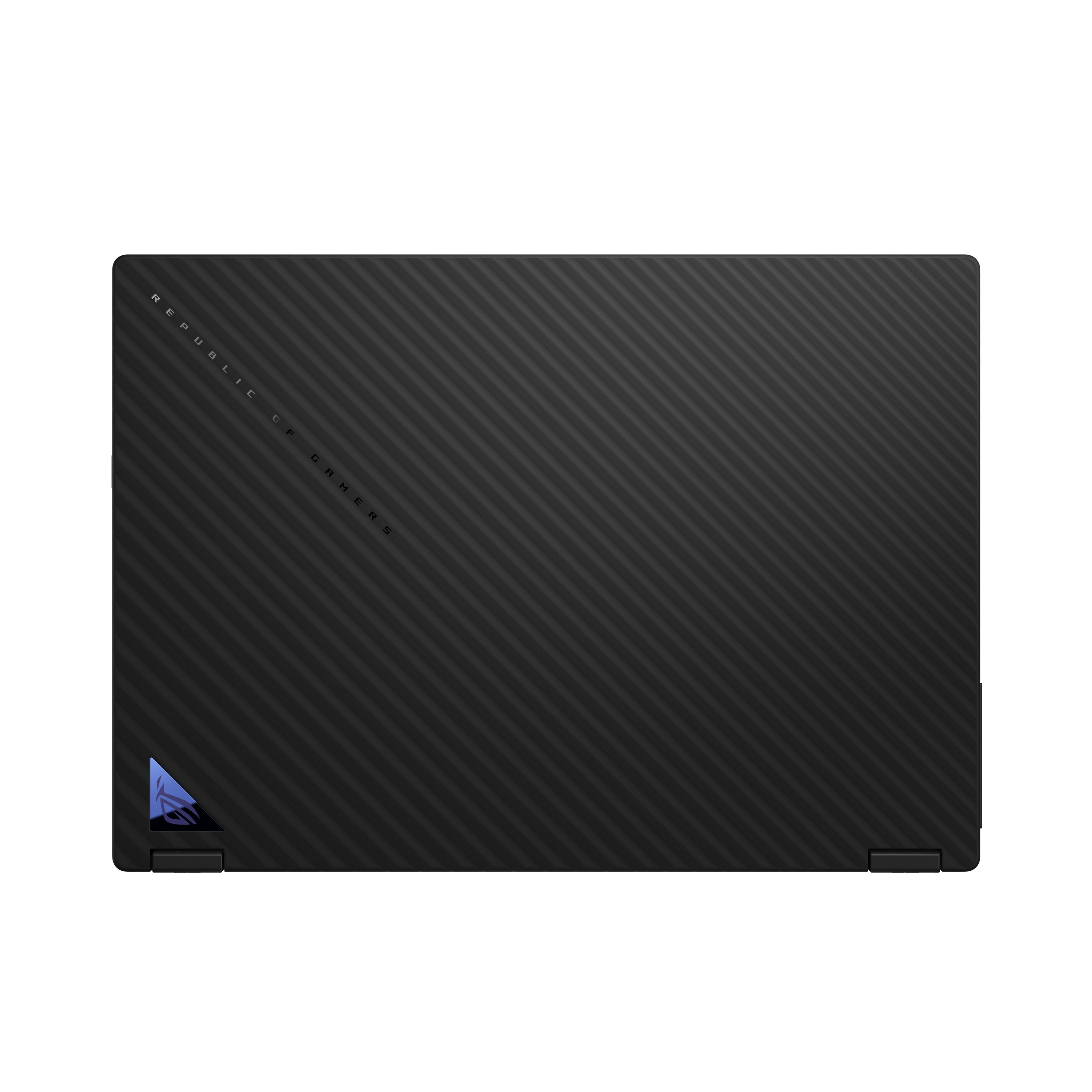 Schwarzer Laptop-Deckel mit diagonalem Muster und blauem Logo.