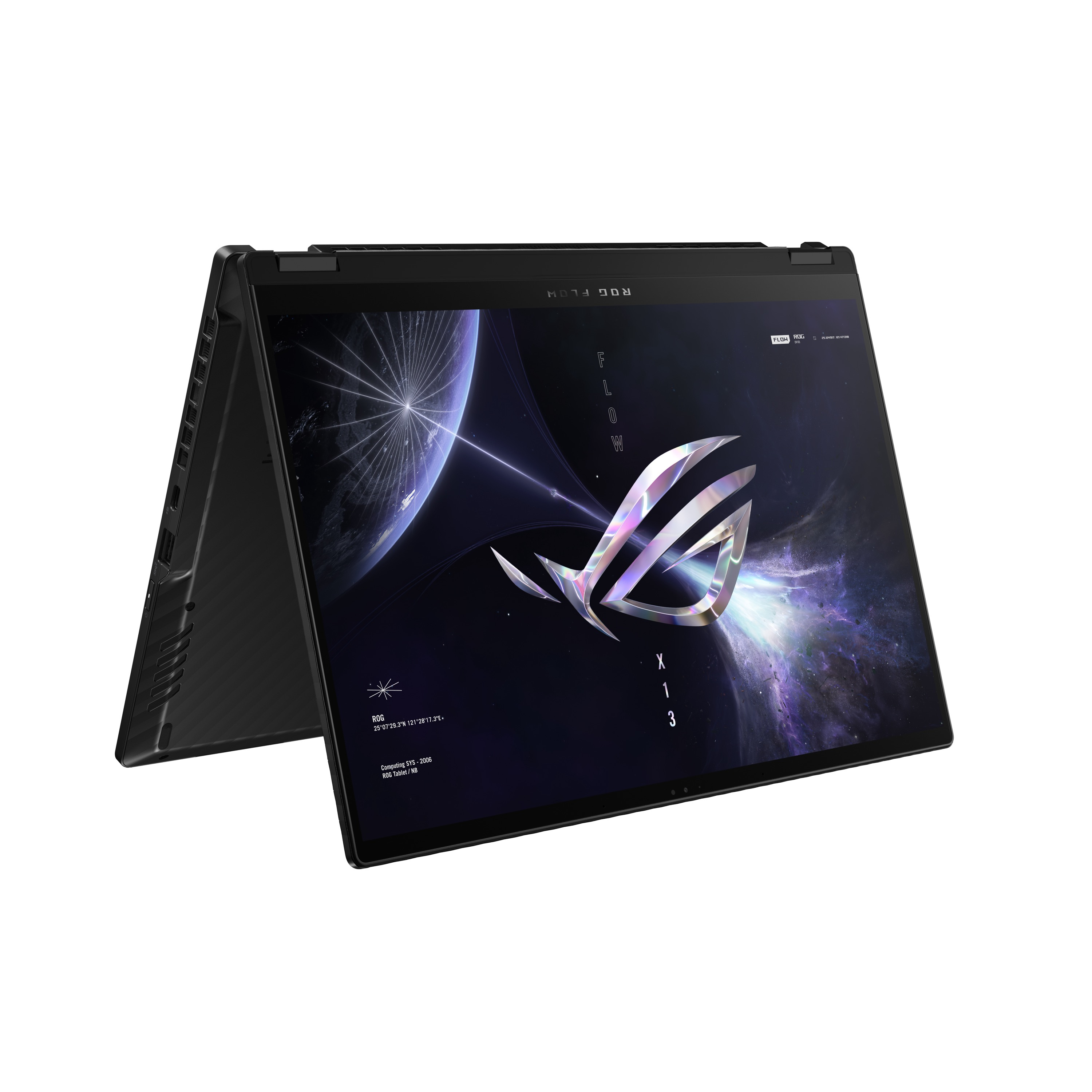Ein schwarzer Laptop mit einzigartigem Bildschirmdesign, in einem Winkel geöffnet, auf weißem Hintergrund.