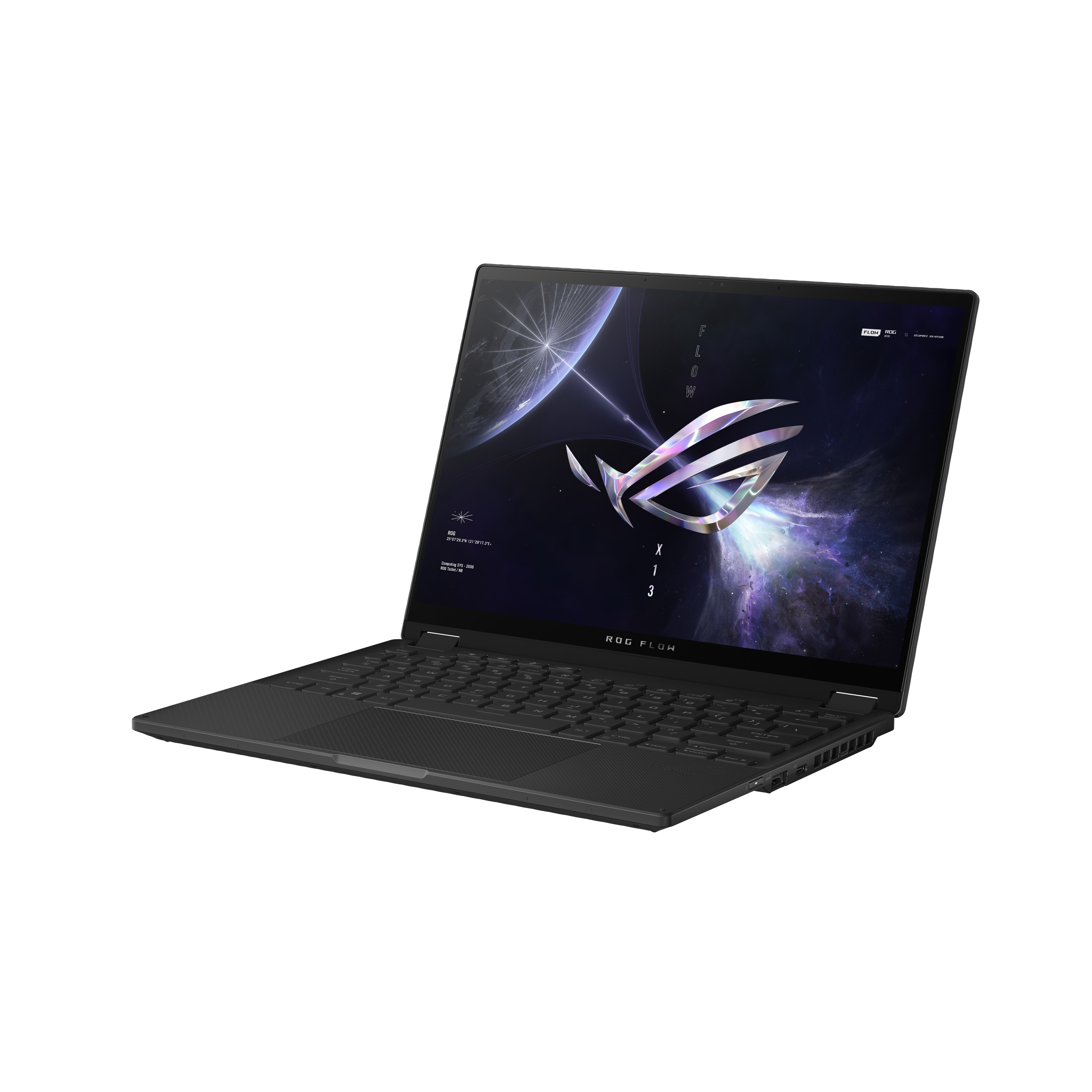 Ein schwarzer Laptop mit hellem Bildschirm auf weißem Hintergrund.