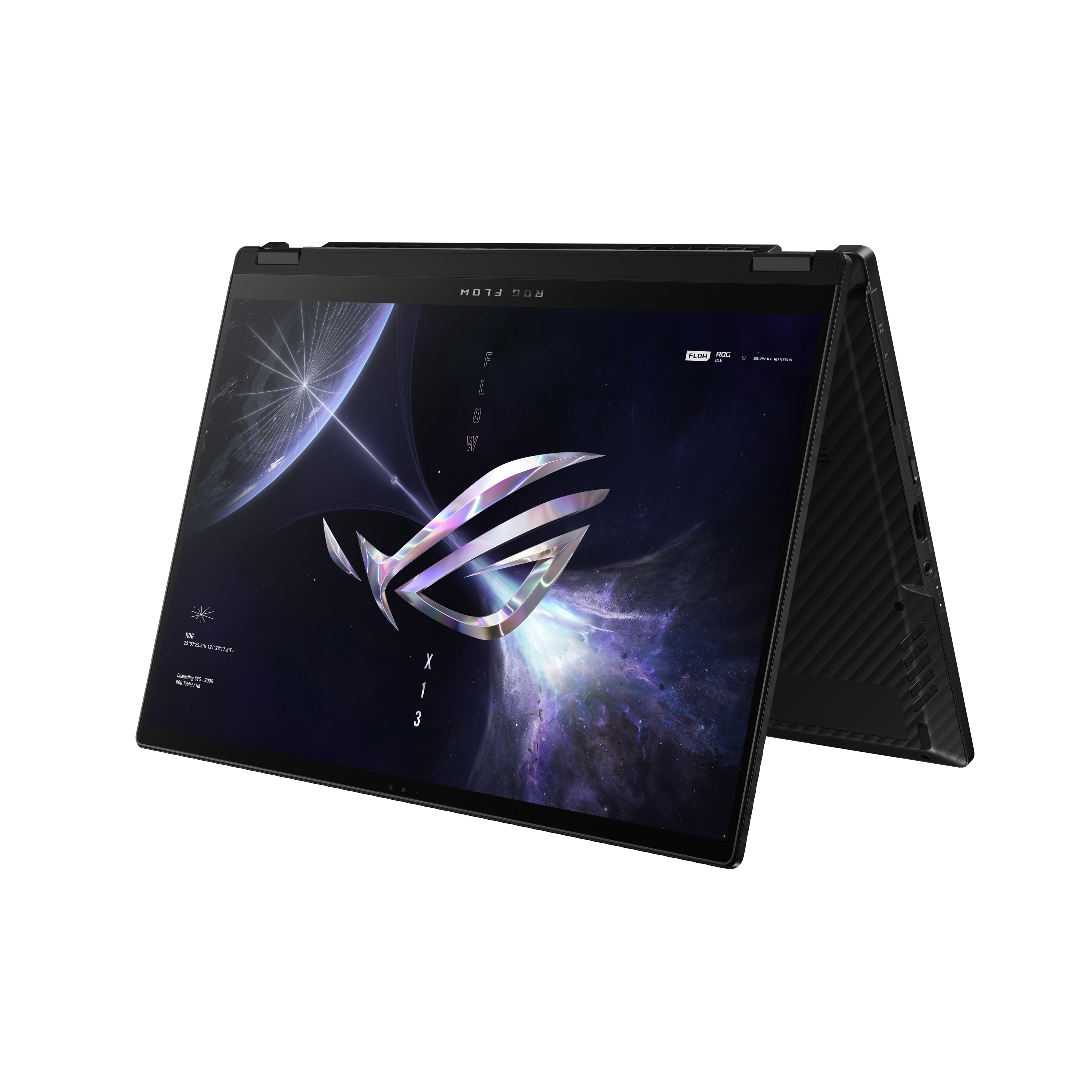 Ein schwarzes ASUS ROG Flow X13 Laptop im Zeltmodus, mit einem Weltraum-Hintergrund.