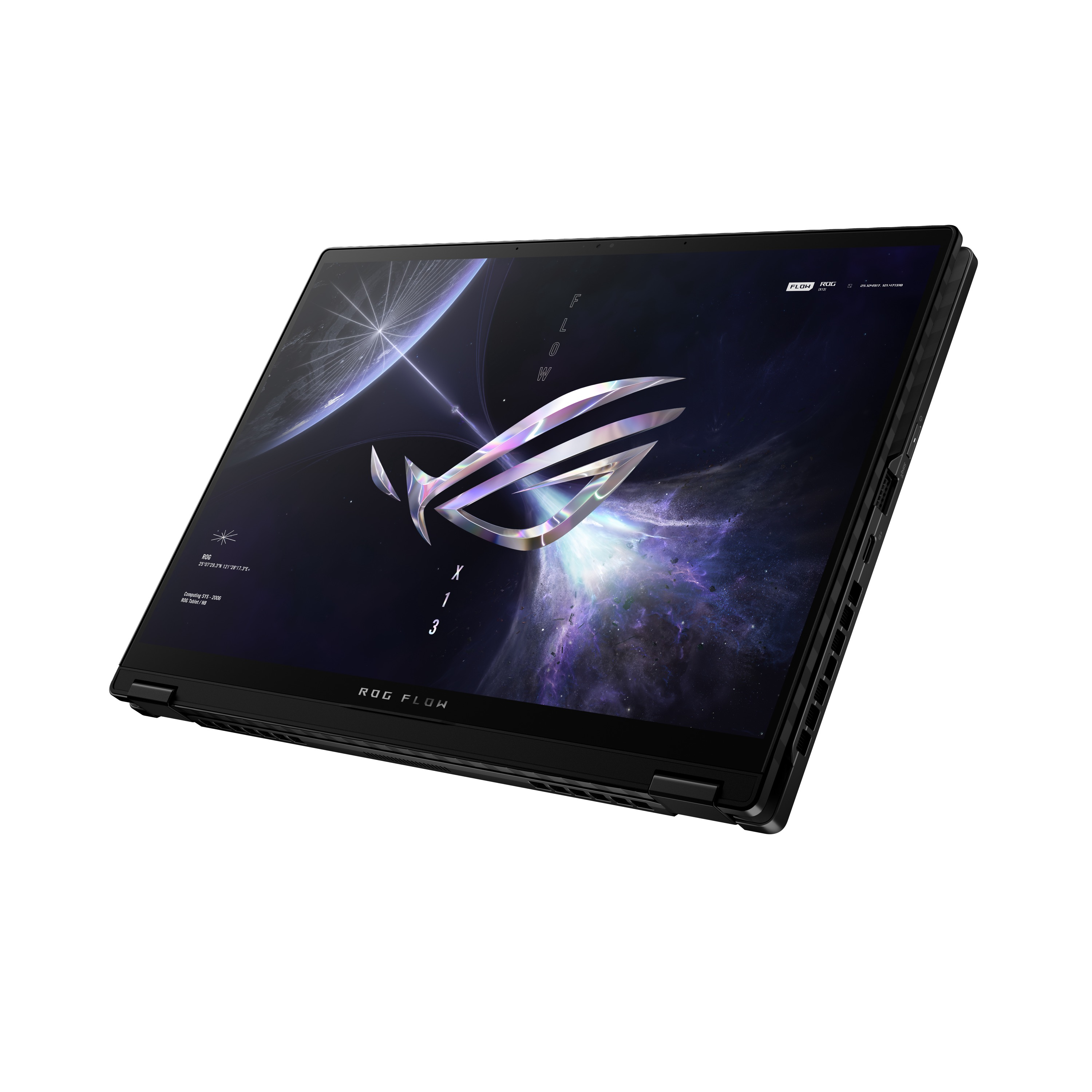 Schwarzer Laptop mit Logo auf dem Bildschirm und dunklem Hintergrund.