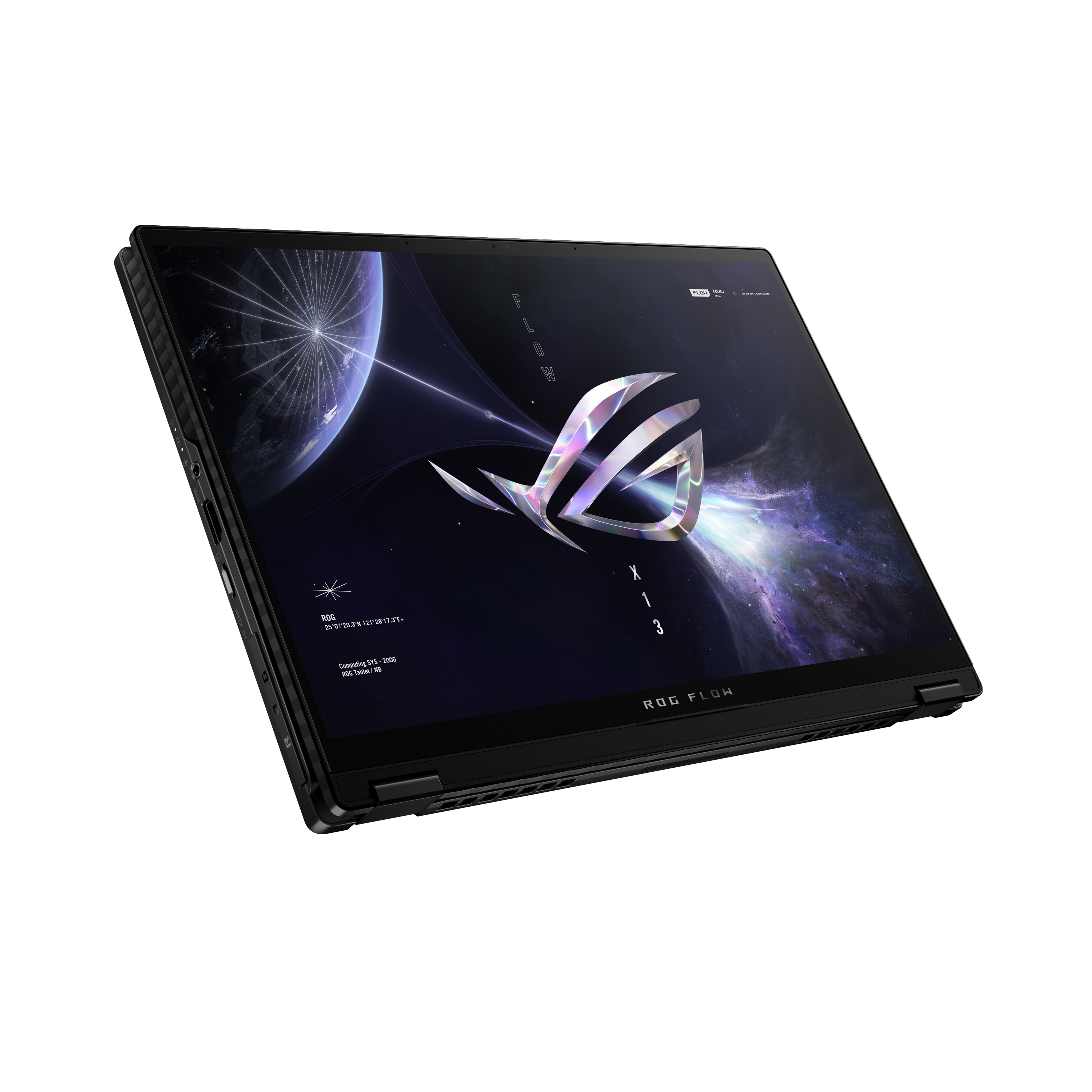 Schwarzer Laptop, angewinkelt, zeigt eine Weltraumszene, auf weißem Grund.