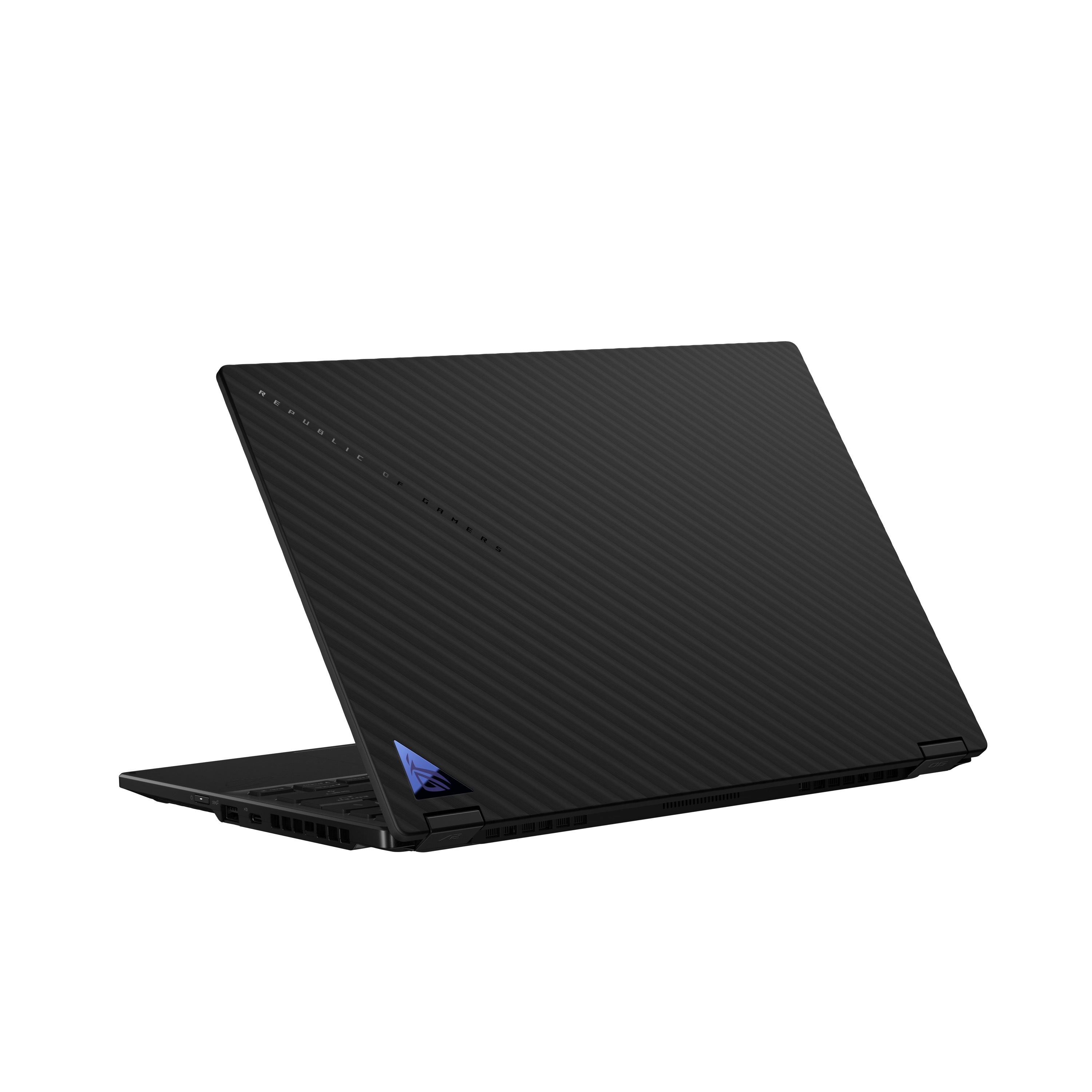 Die Rückseite eines schwarzen Laptops, geöffnet, mit dem Republic of Gamers Logo sichtbar.