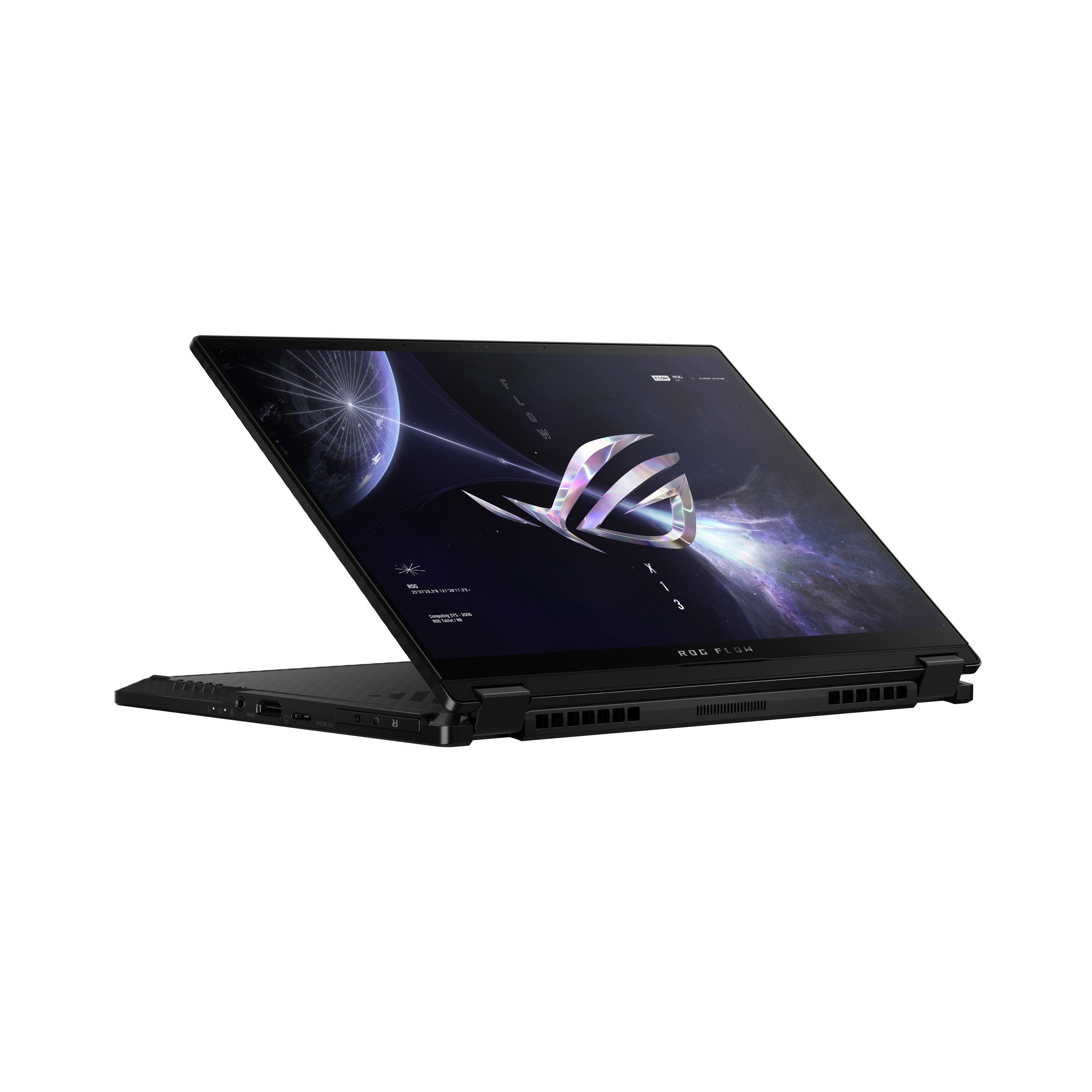Schwarzer Laptop, geöffnet. Der Bildschirm zeigt ein futuristisches Design. Das Scharnier hat ein ROG-Logo.