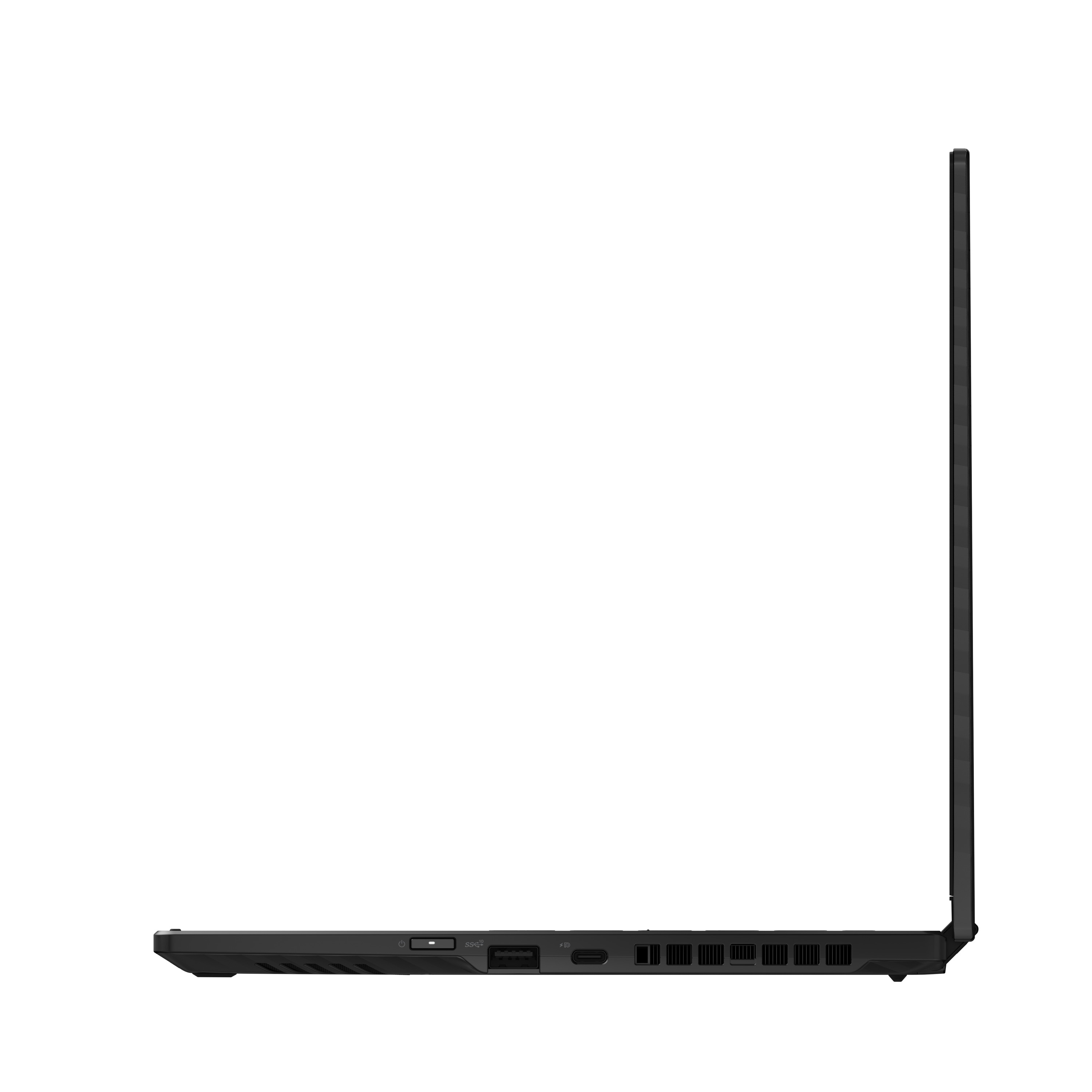 Seitenansicht eines schwarzen Laptops mit offenem Bildschirm. Anschlüsse und Lüfter sind sichtbar.