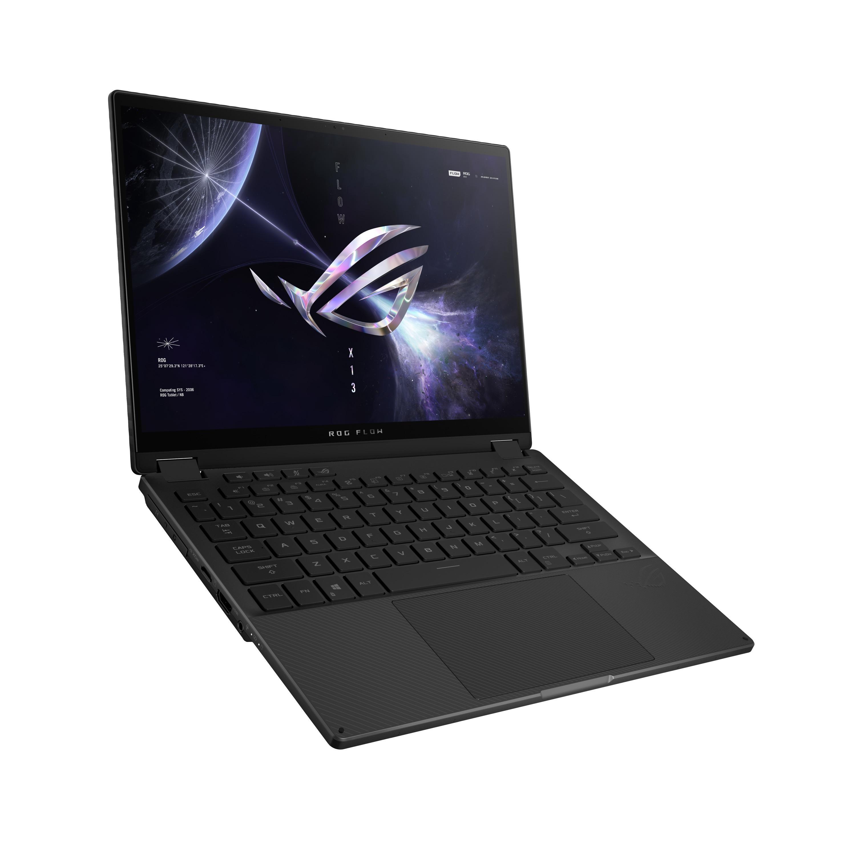Laptop mit geöffnetem Bildschirm. Schwarze Tastatur und Touchpad. ROG FLOW X13 Logo auf dem Bildschirm.