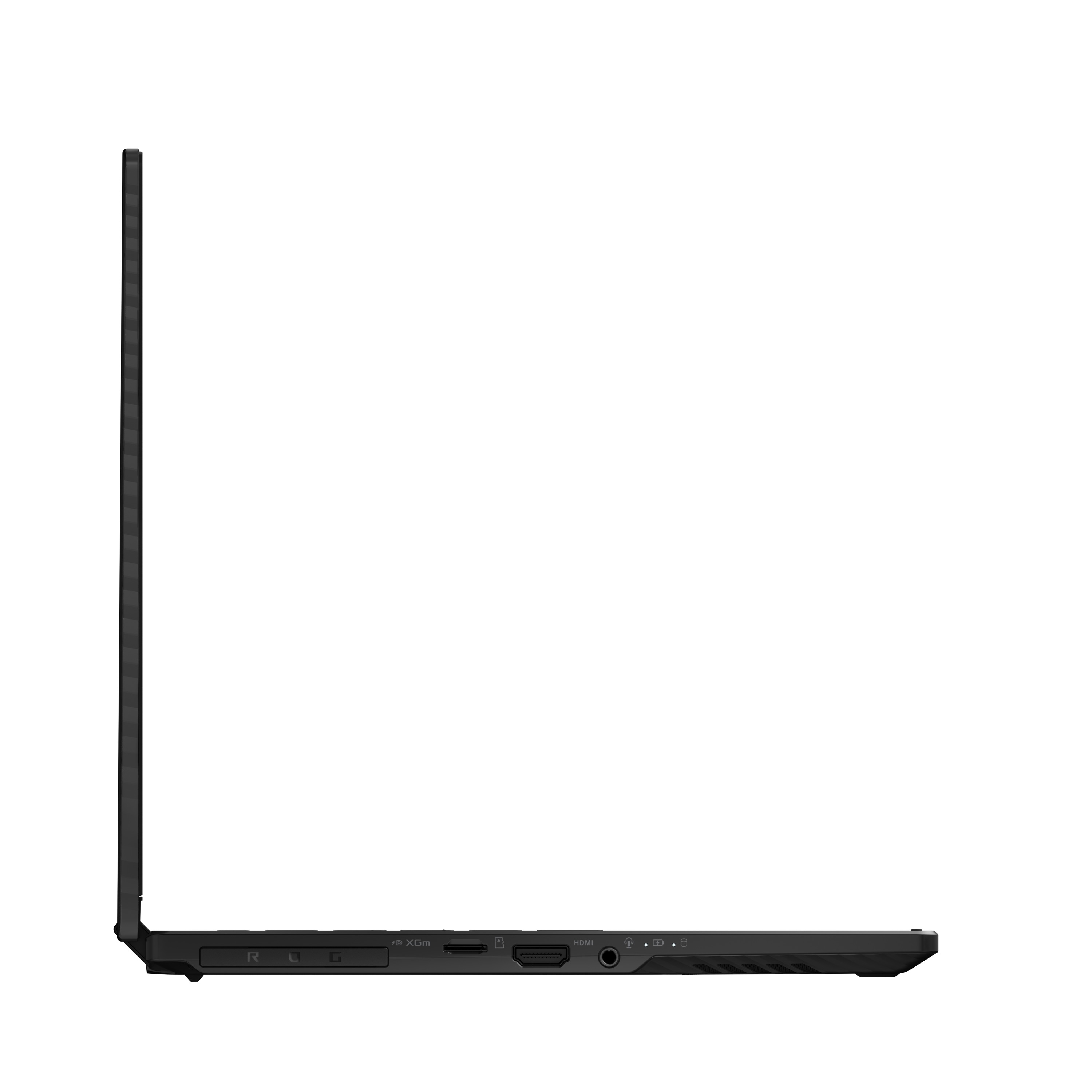 Ein schwarzer Laptop von der Seite. Die seitlichen Anschlüsse sind sichtbar.