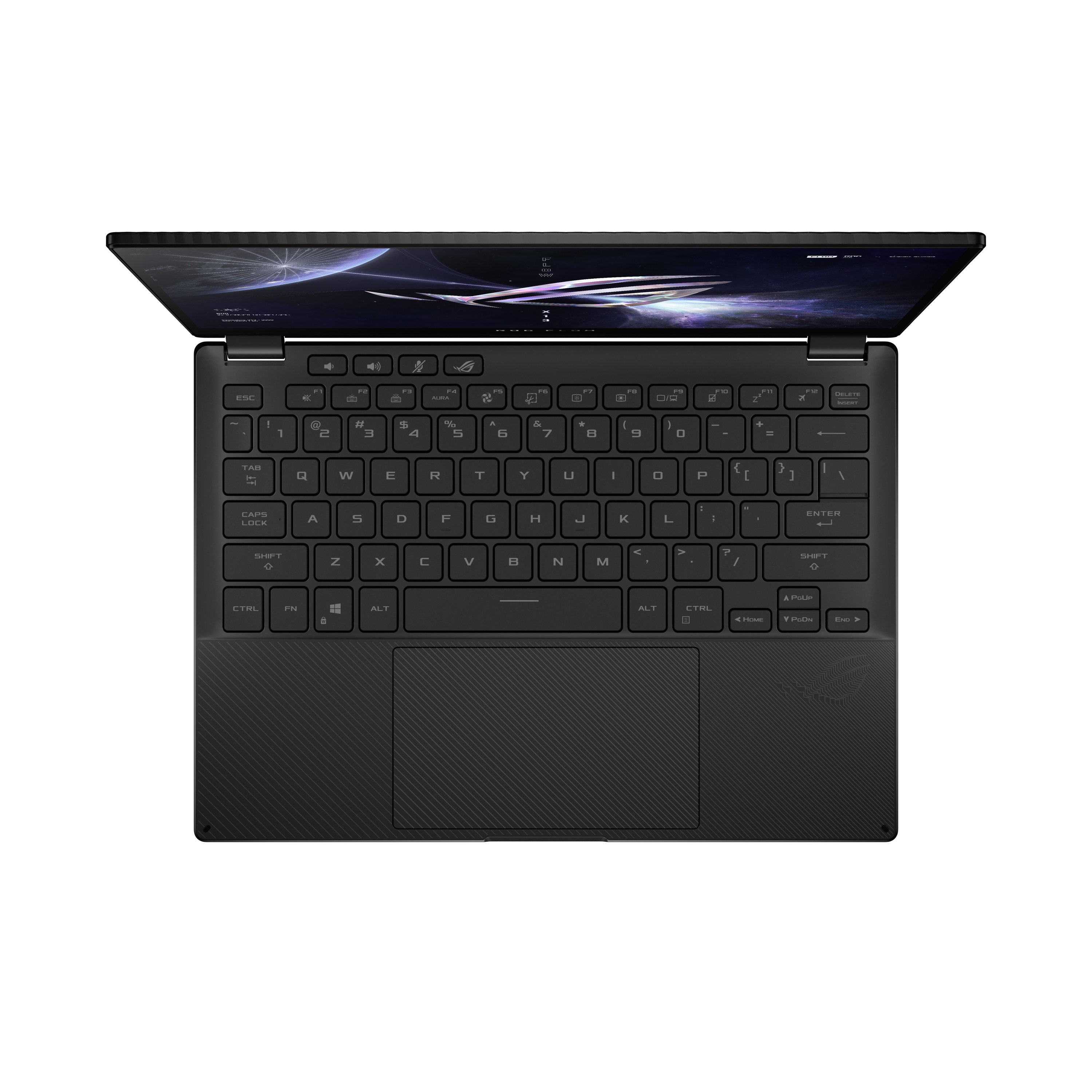 Ein Laptop von oben, Tasten und Trackpad sind sichtbar, mit geöffnetem Bildschirm.